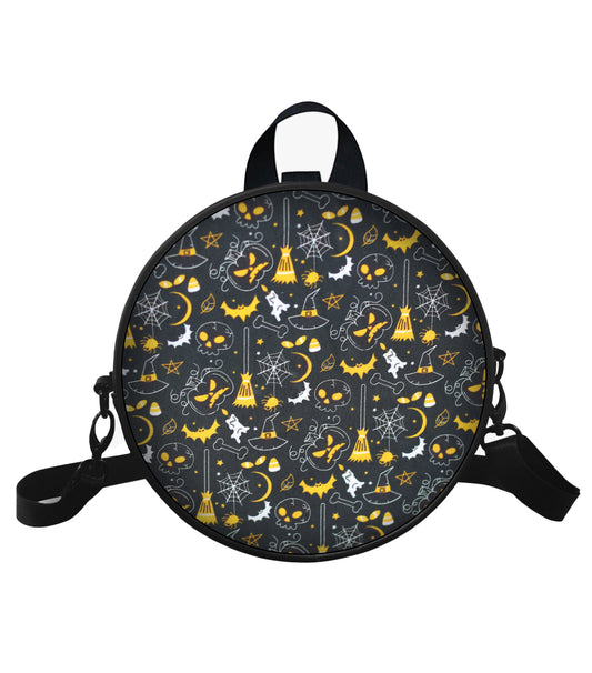 Halloween inspired Broom Hat Witch Printed Fabric Faux Leather Round Purse