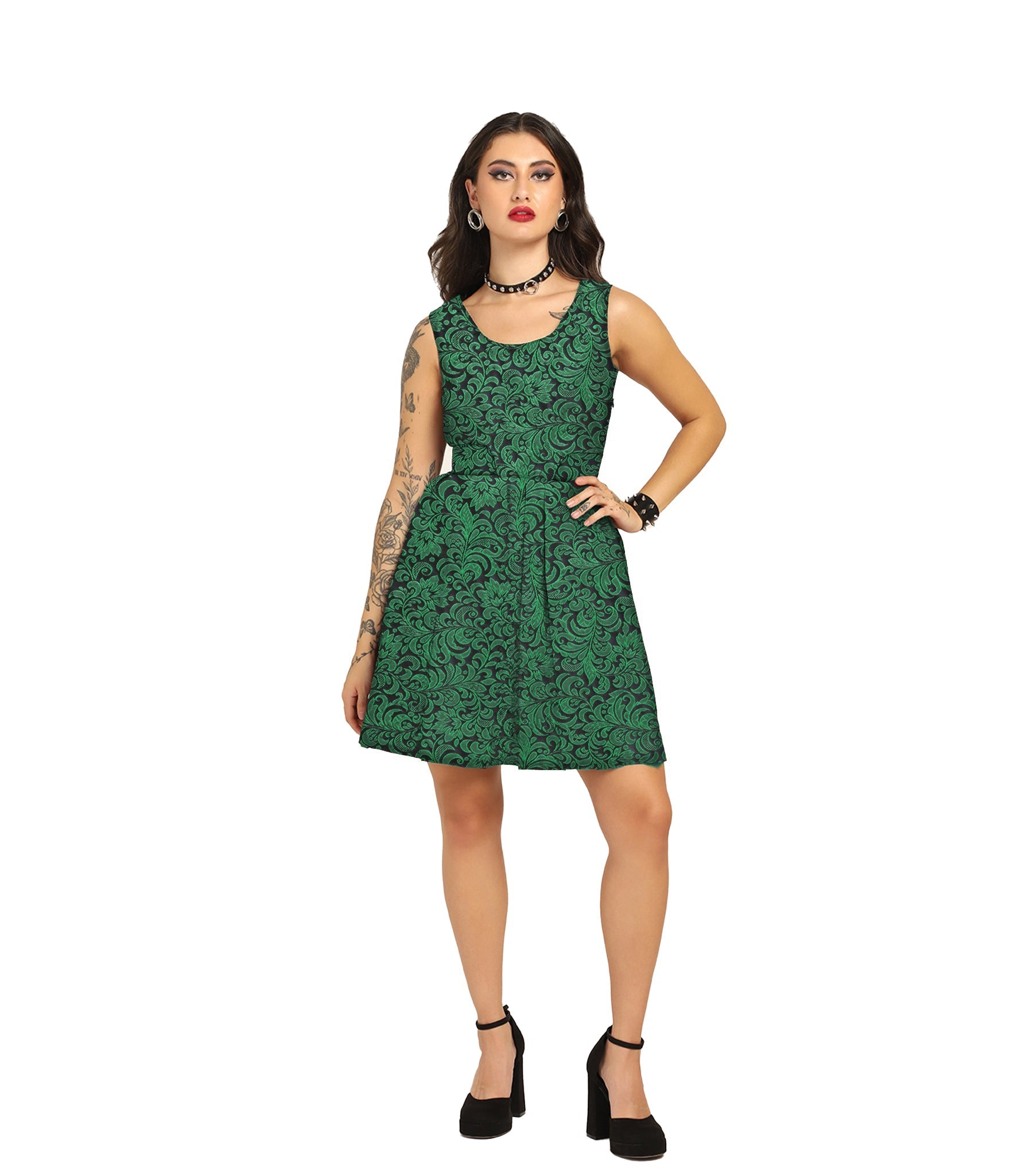 Green Brocade Charm - Trendy Pleated Brocade Dress Easto Garments