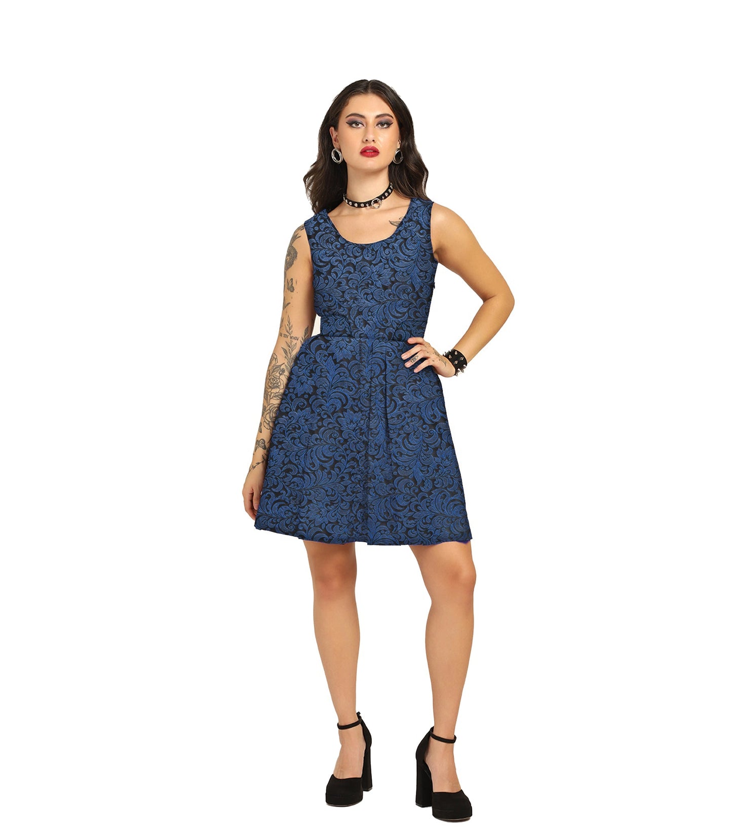 Blue Brocade Charm - Trendy Pleated Brocade Dress Easto Garments