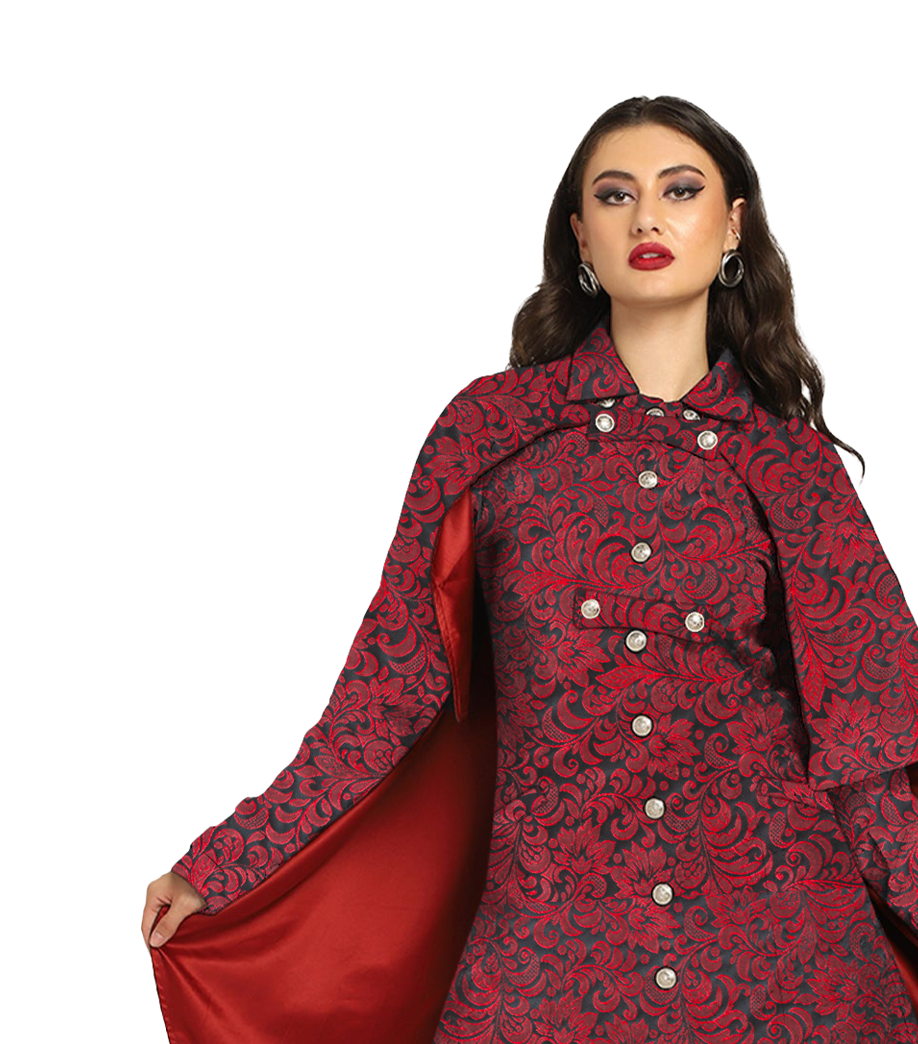 Vampire's Black Red Brocade Cape with Red Satin Lining Easto Garments
