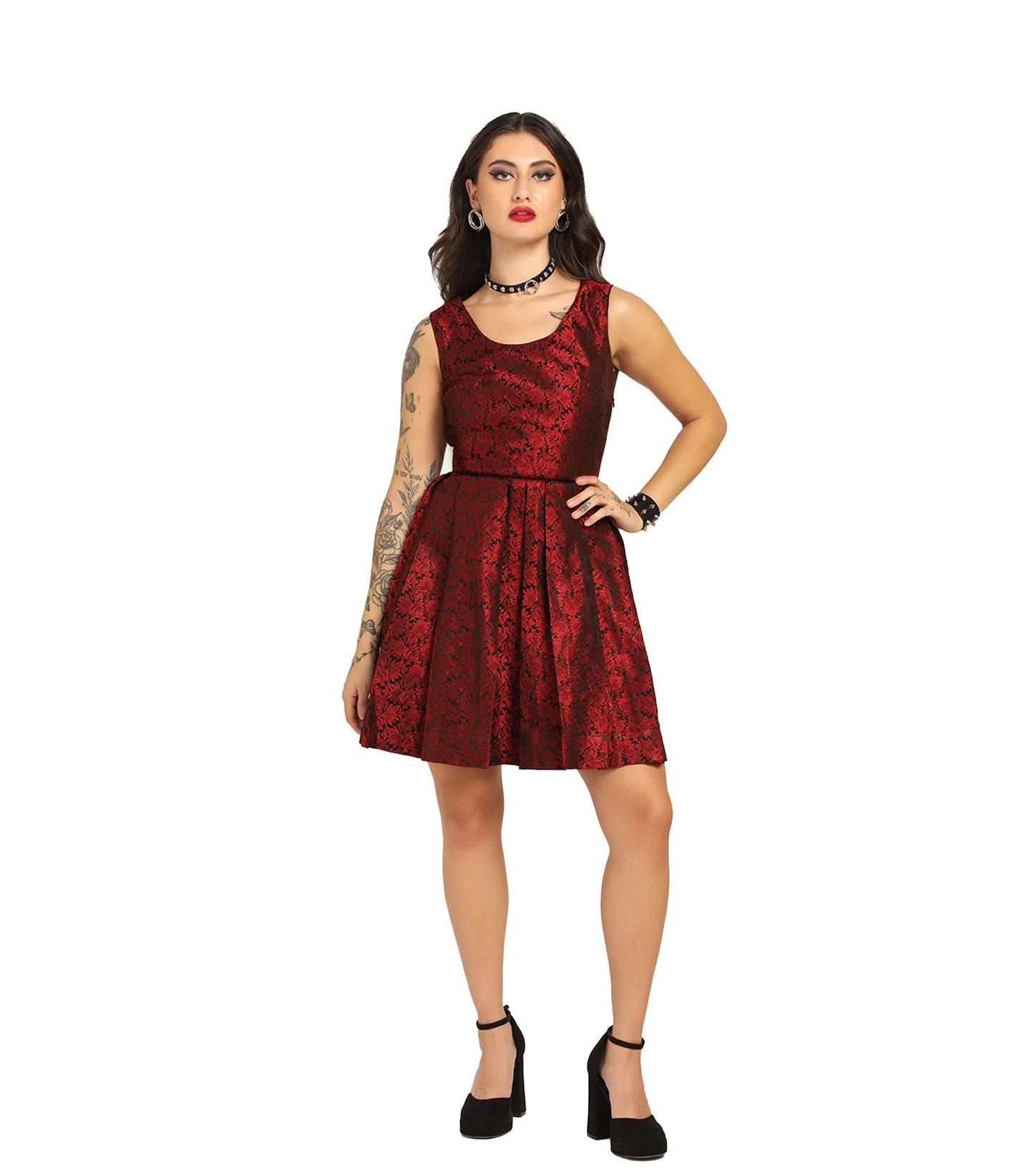 Red Brocade Charm - Trendy Pleated Brocade Dress Easto Garments