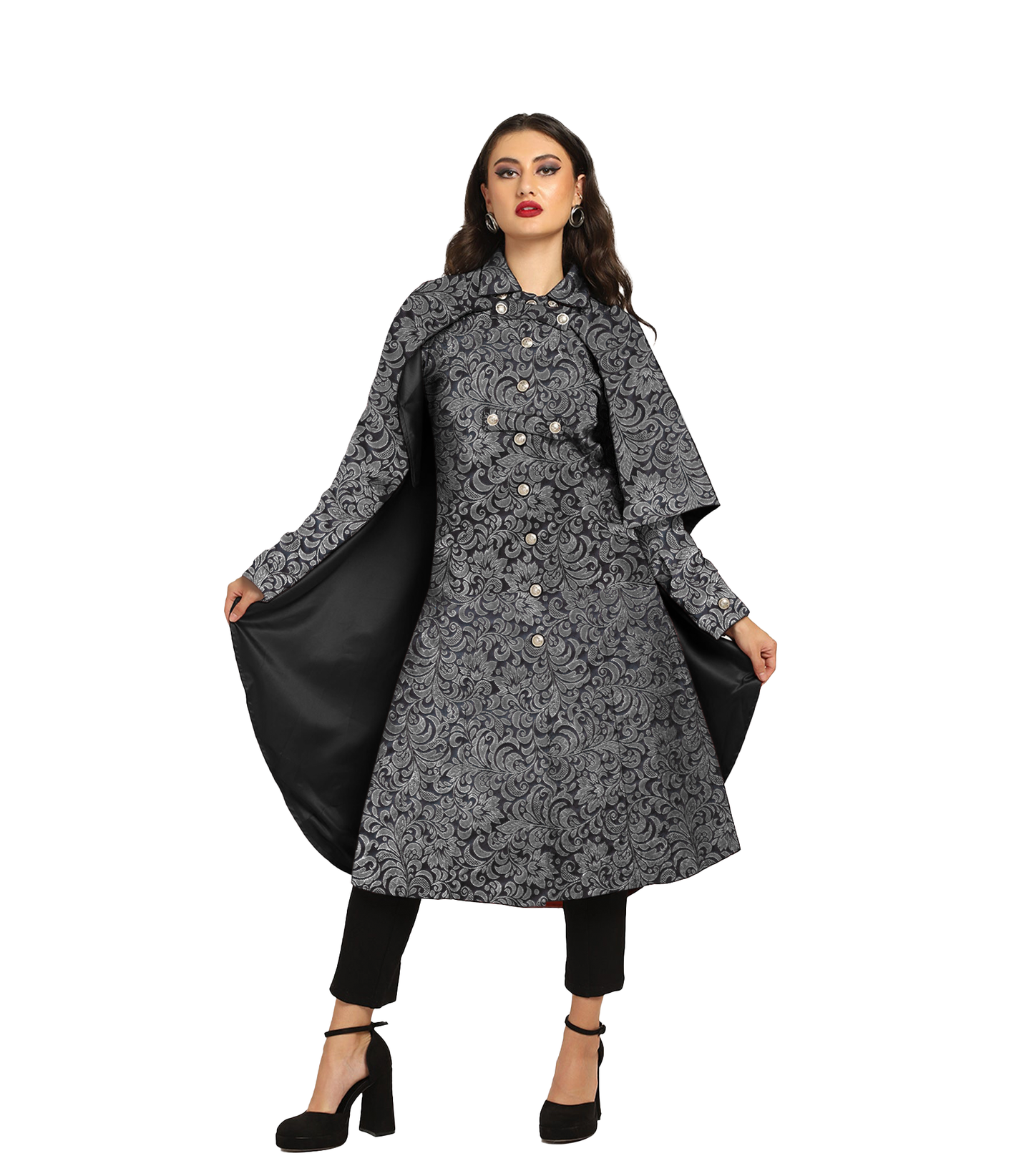 Vampire's Black Silver Brocade Cape with Red Satin Lining Easto Garments