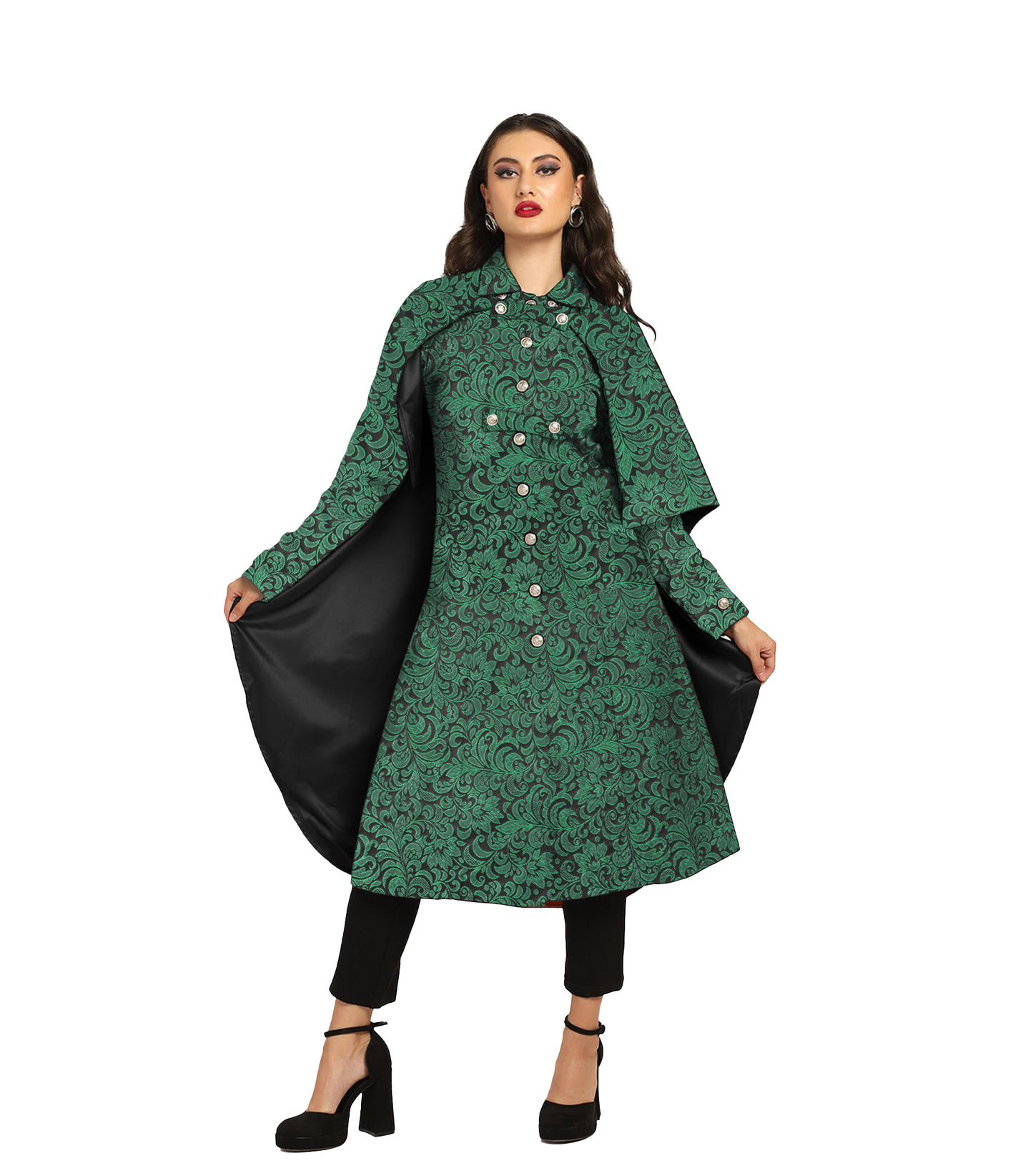 Vampire's Black Green Brocade Cape with Black Satin Lining Easto Garments