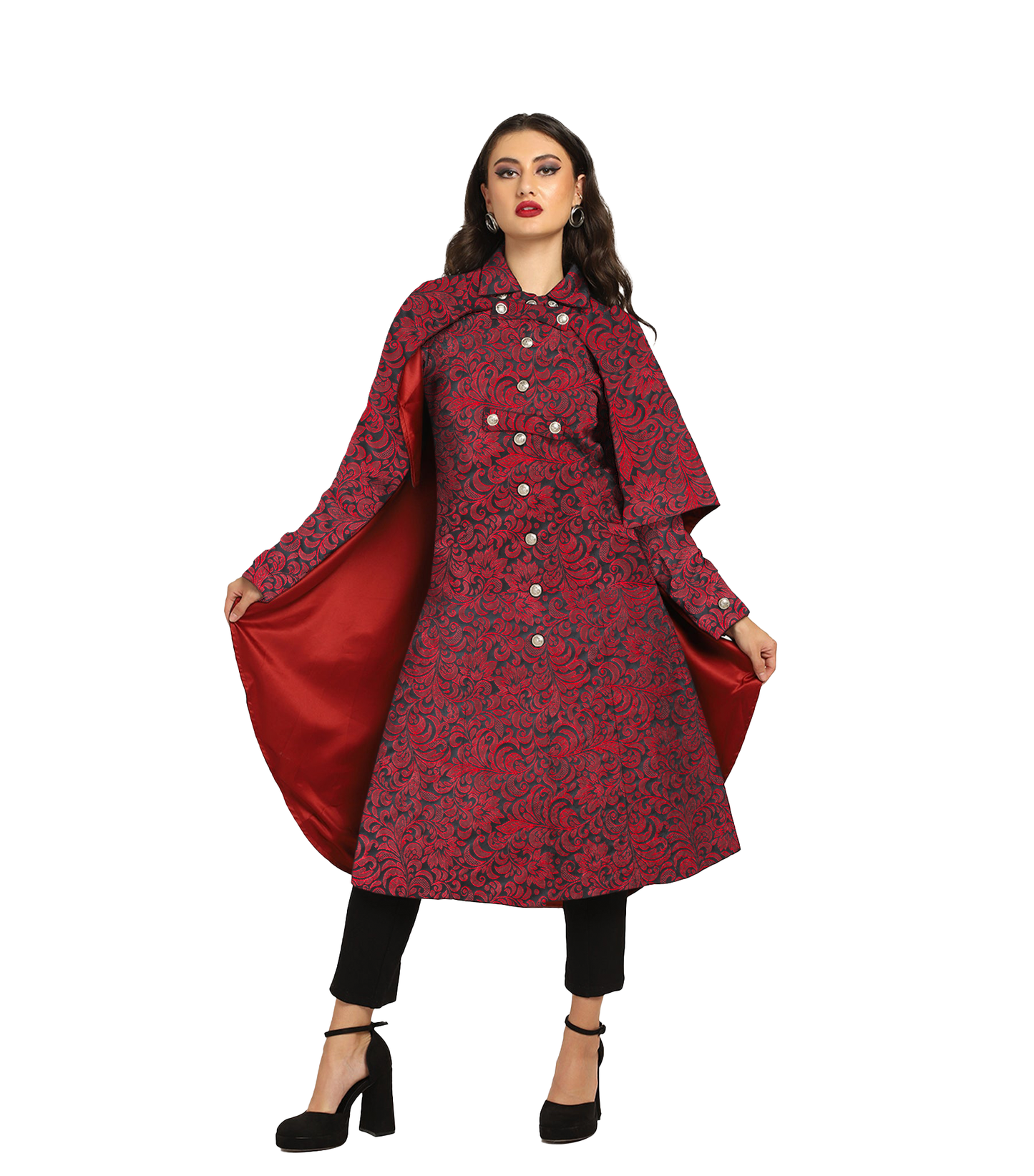 Vampire's Black Red Brocade Cape with Red Satin Lining Easto Garments