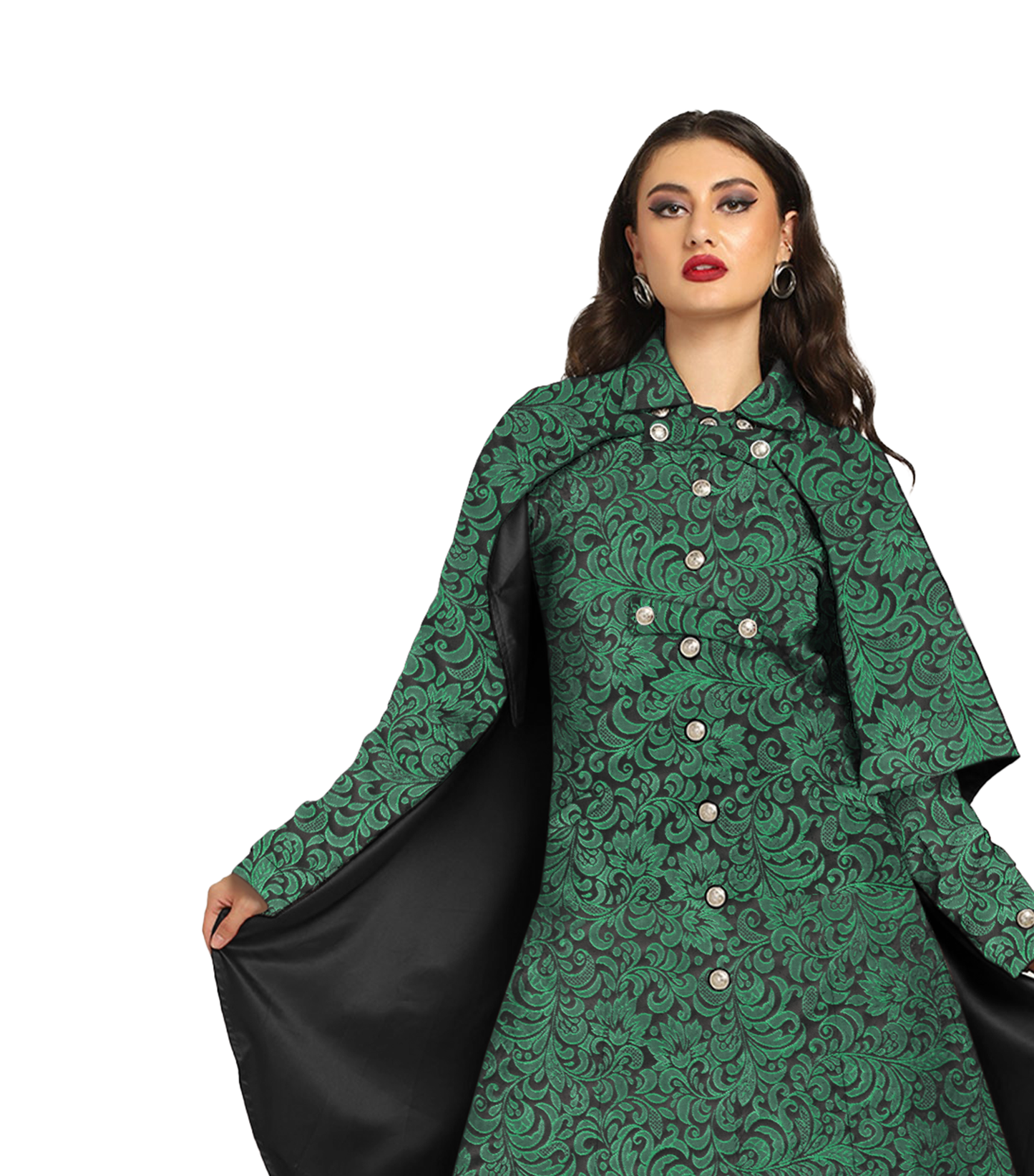 Vampire's Black Green Brocade Cape with Black Satin Lining Easto Garments