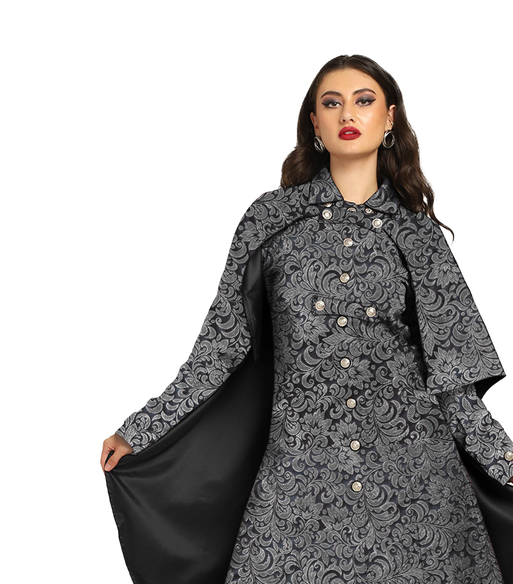 Vampire's Black Silver Brocade Cape with Red Satin Lining Easto Garments