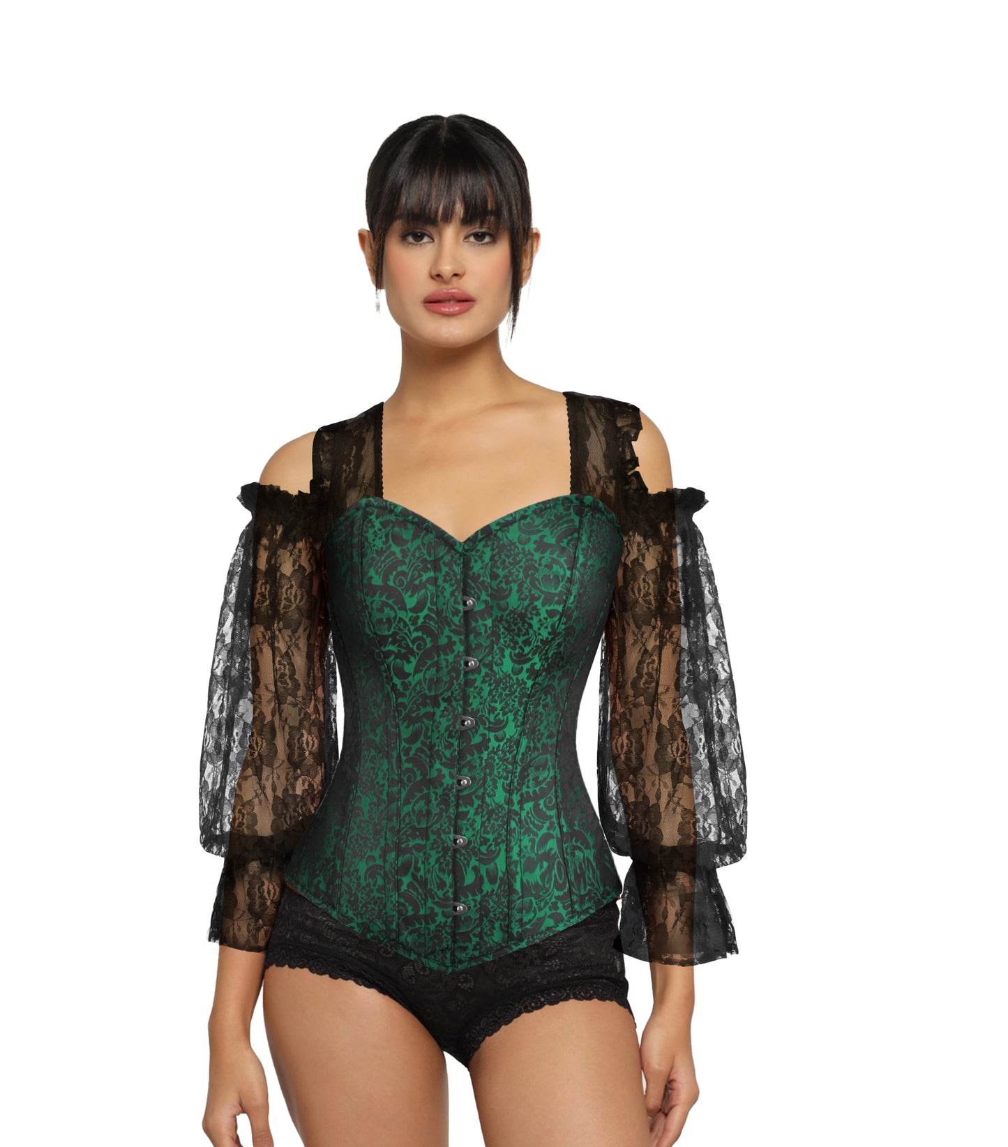 Black Green Broade Overbust long Sleeves Corset