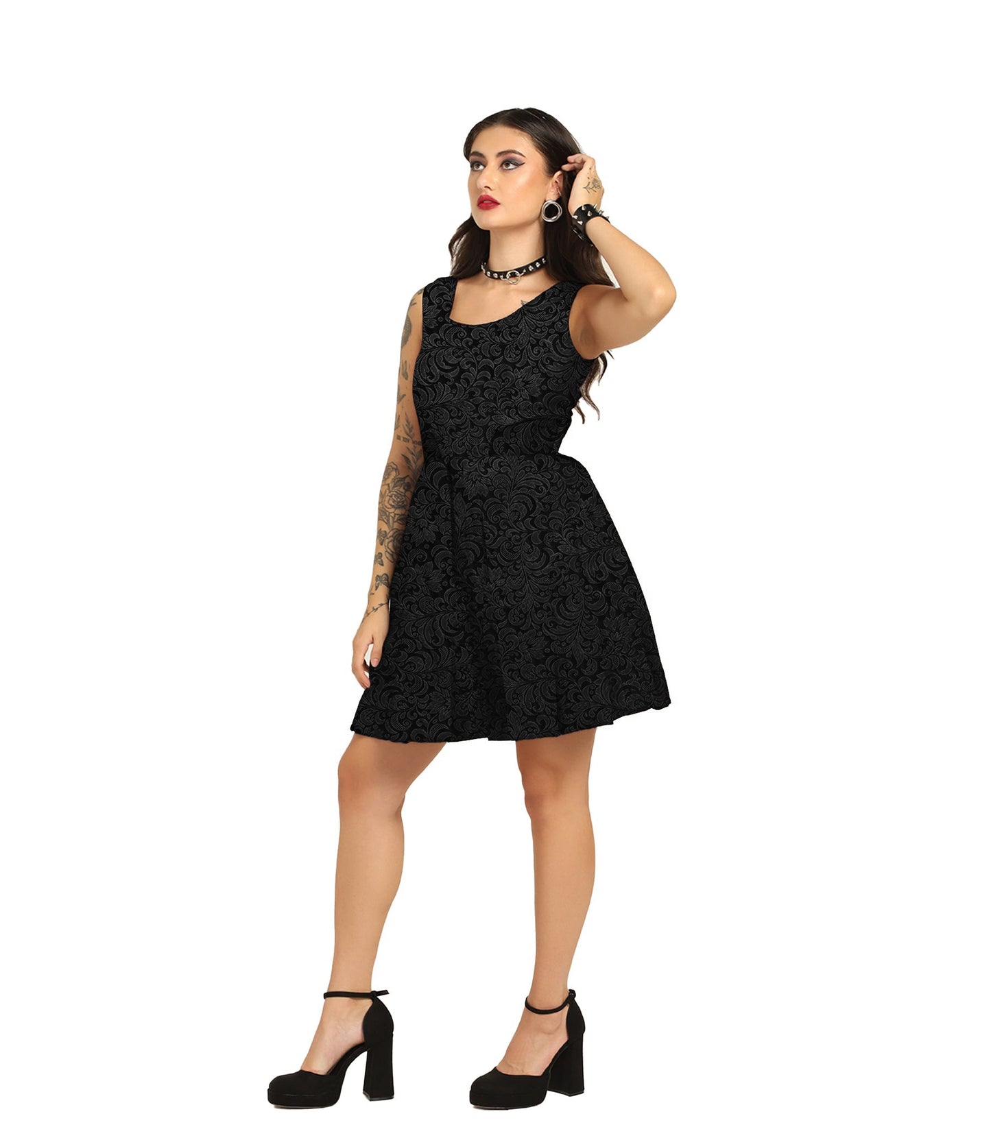 Black Brocade Charm - Trendy Pleated Brocade Dress Easto Garments