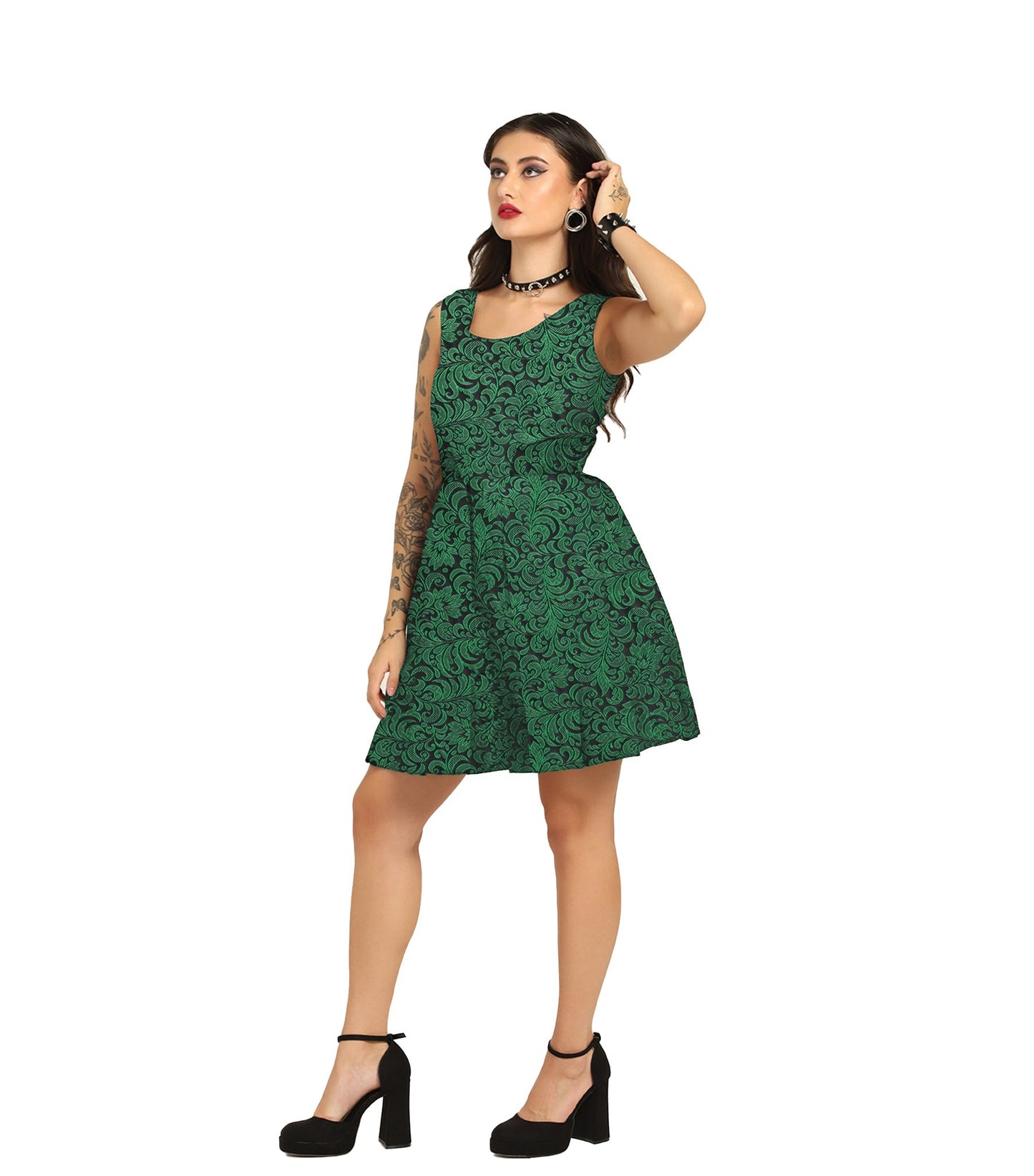 Green Brocade Charm - Trendy Pleated Brocade Dress Easto Garments