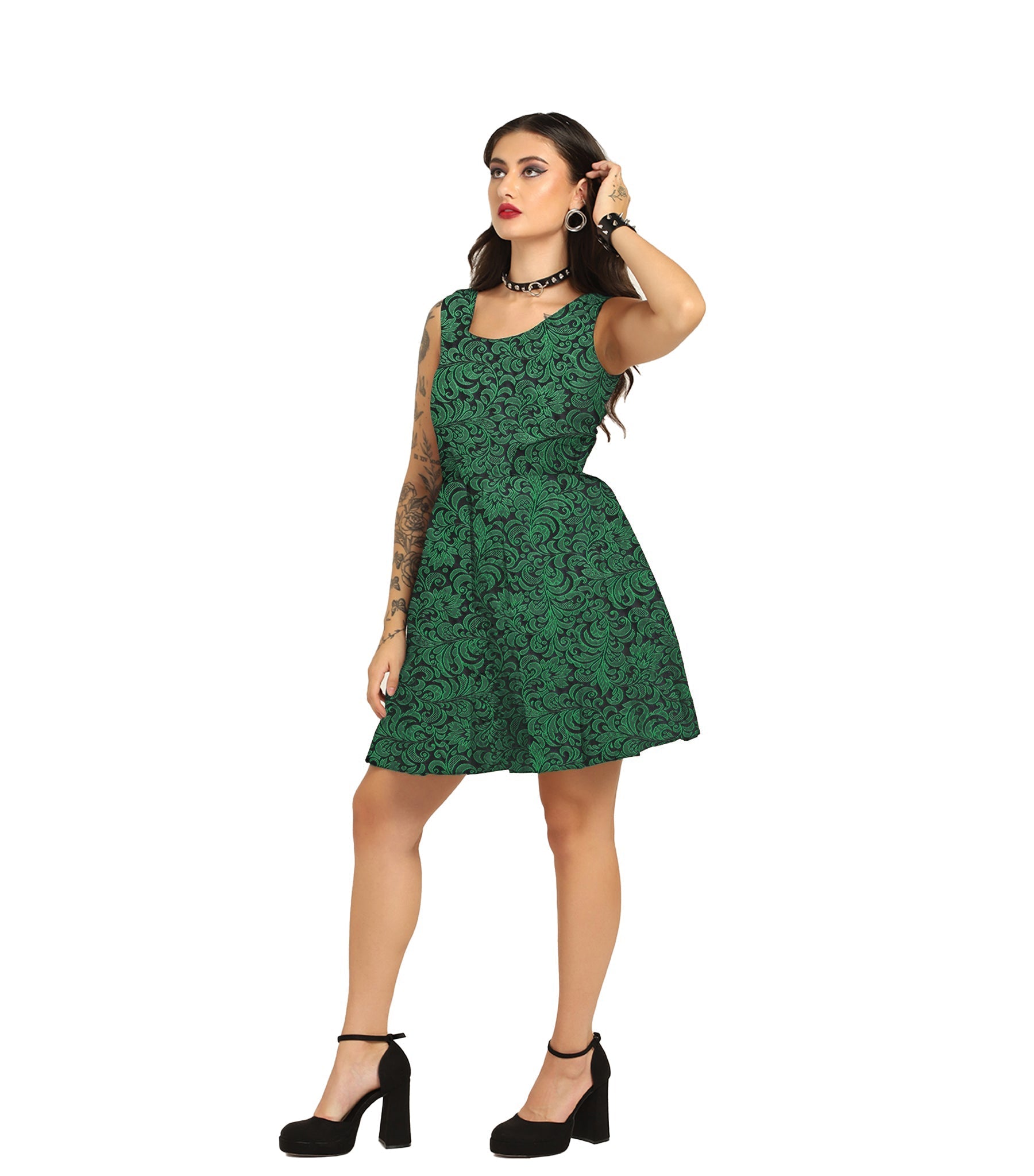 Green Brocade Charm - Trendy Pleated Brocade Dress Easto Garments