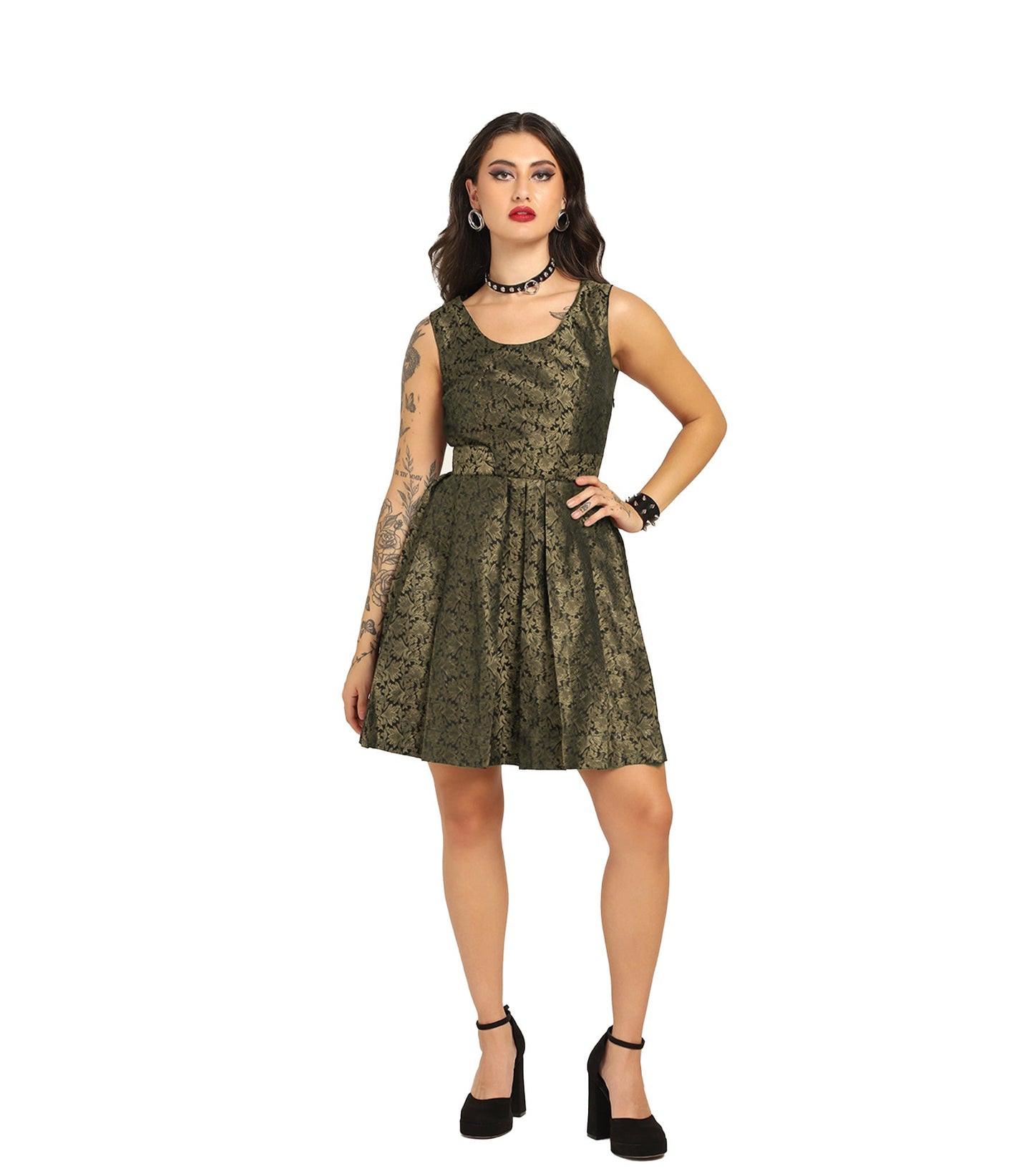 Black Brocade Charm - Trendy Pleated Brocade Dress Easto Garments