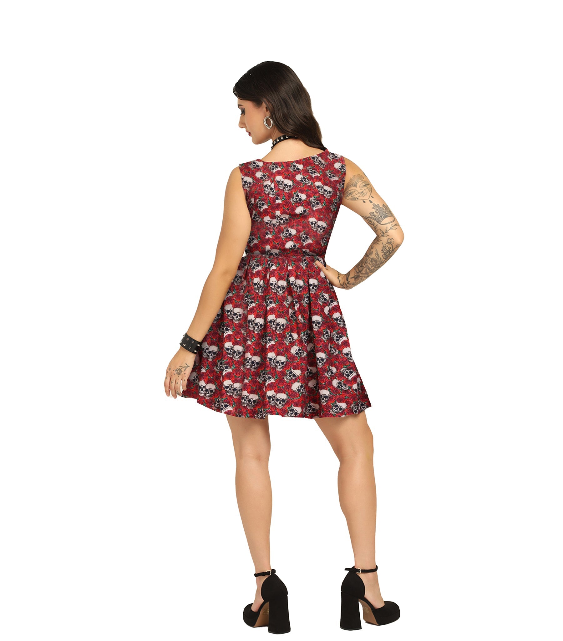 Skull Rose printed Charm - Trendy Pleated Cotton Dress Easto Garments