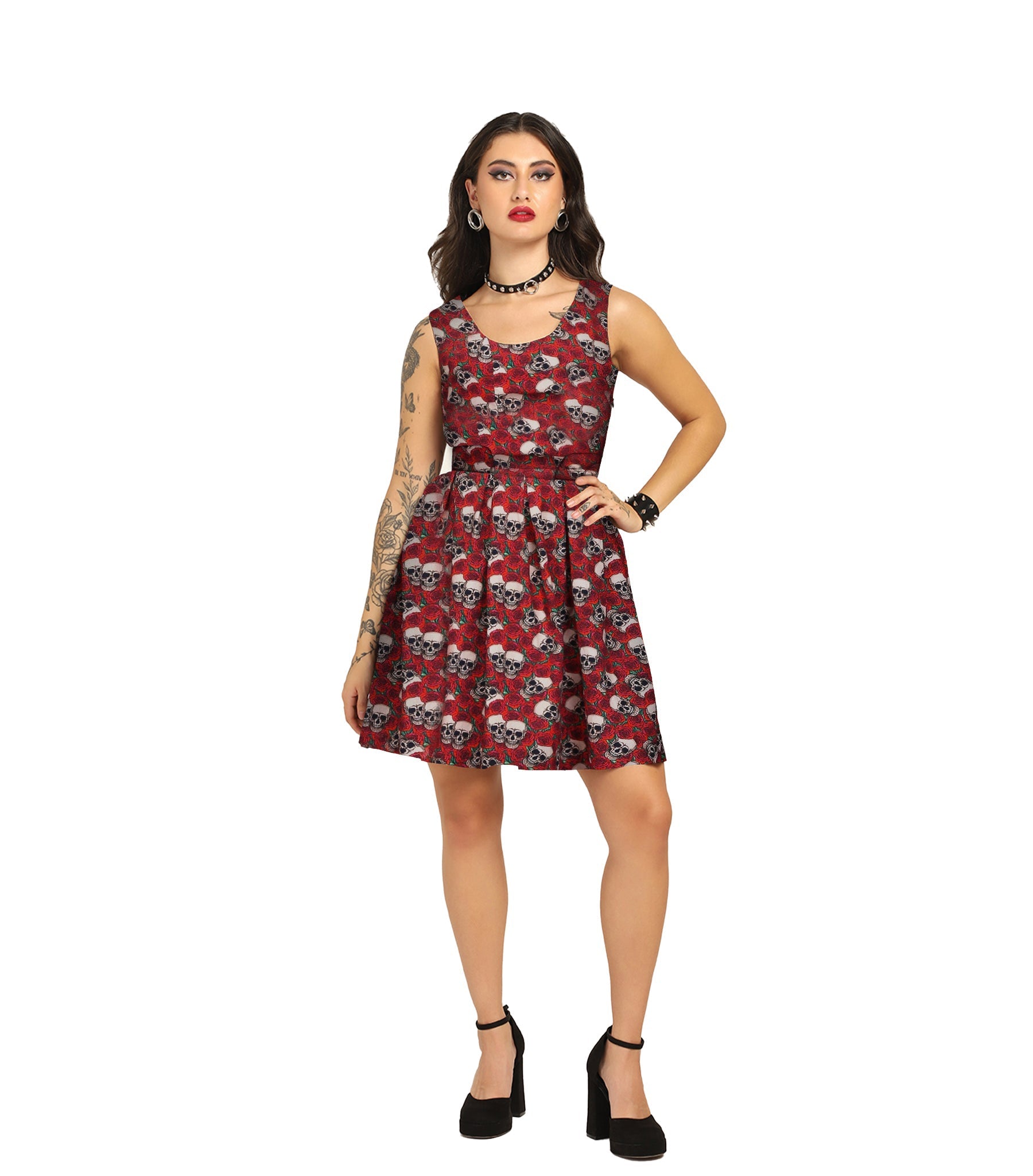 Skull Rose printed Charm - Trendy Pleated Cotton Dress Easto Garments