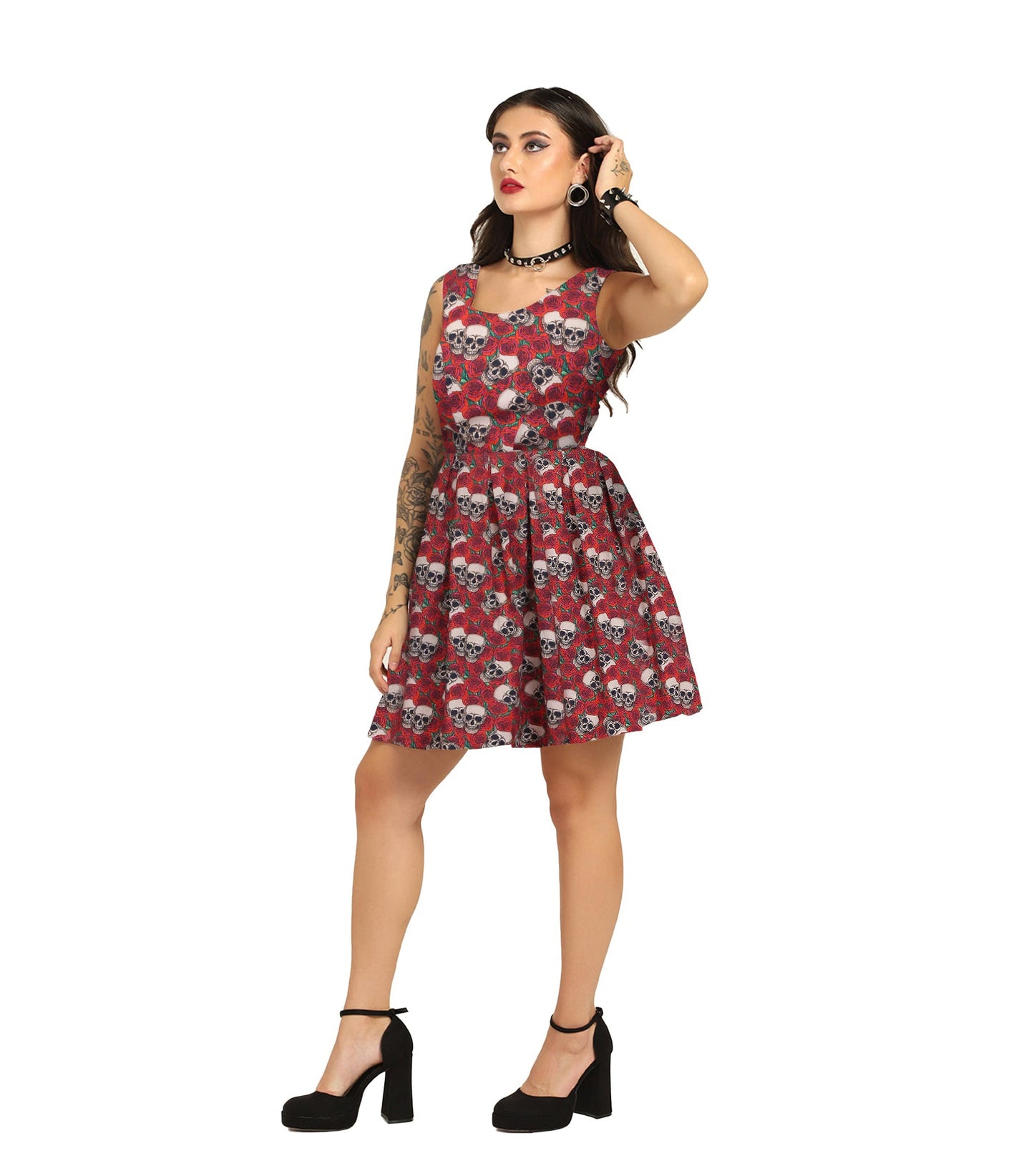 Skull Rose printed Charm - Trendy Pleated Cotton Dress Easto Garments