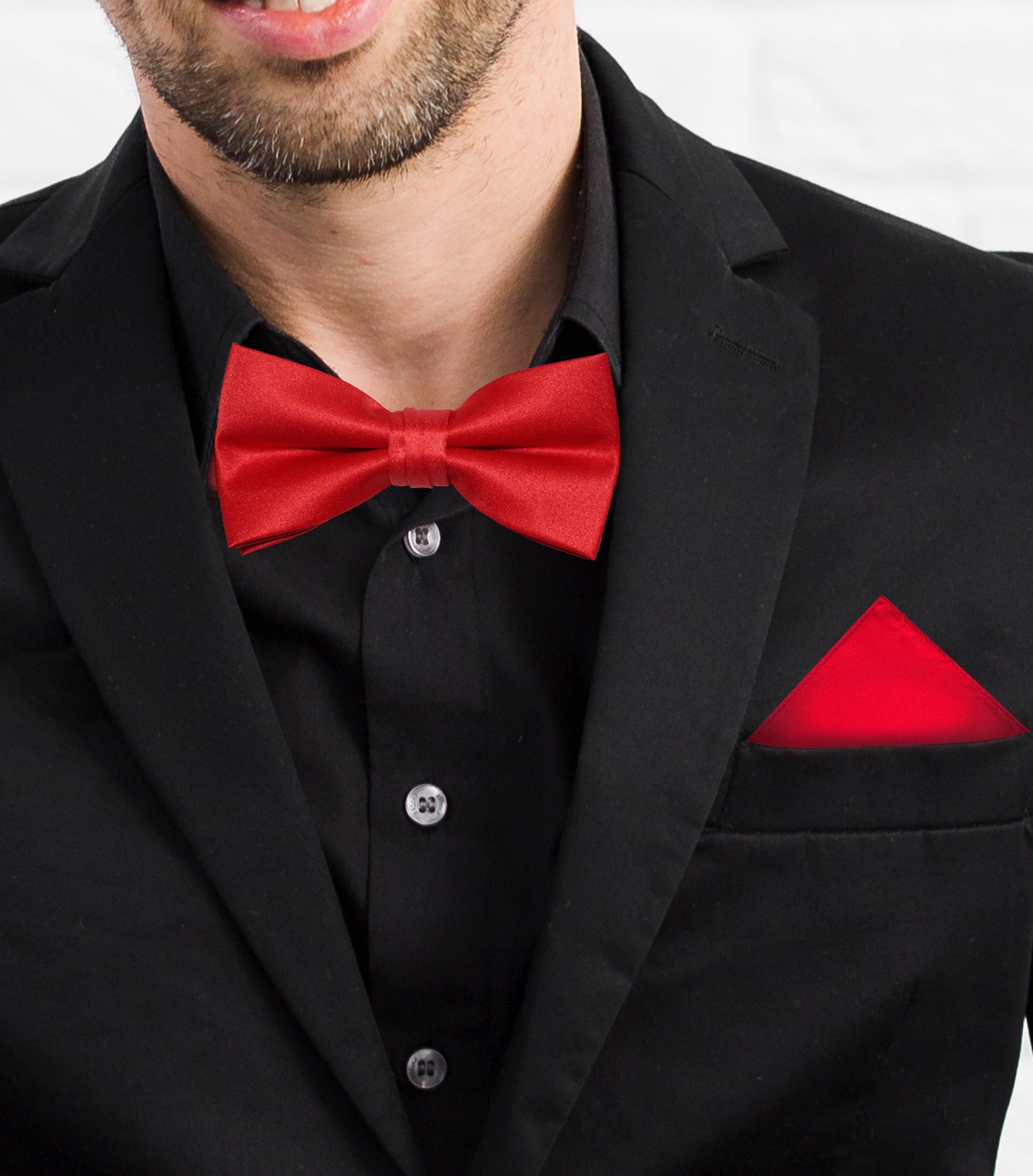Rose red satin pre-tied Bow Tie with Pocket Square – Wholesalenext