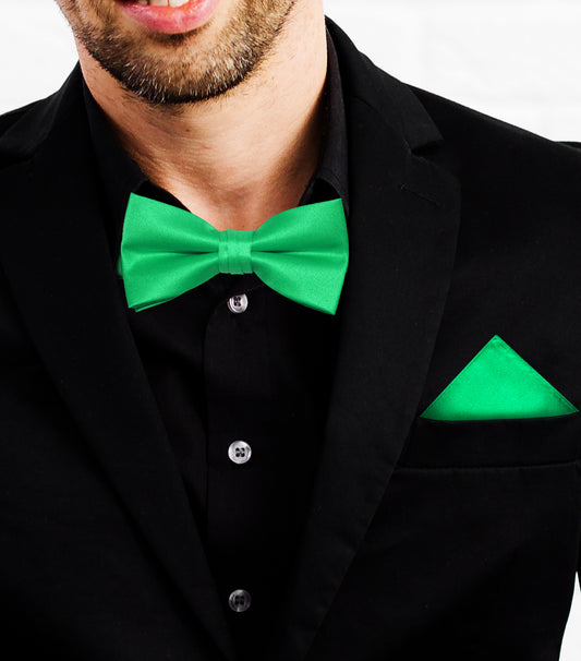 emerald Green satin pre-tied Bow Tie with Pocket Square