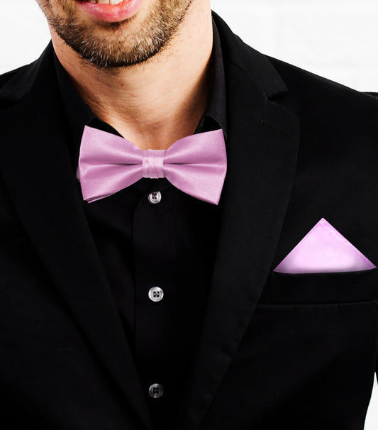 Pink satin pre-tied Bow Tie with Pocket Square