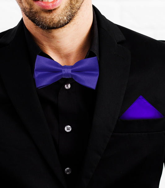 Royal Blue satin pre-tied Bow Tie with Pocket Square