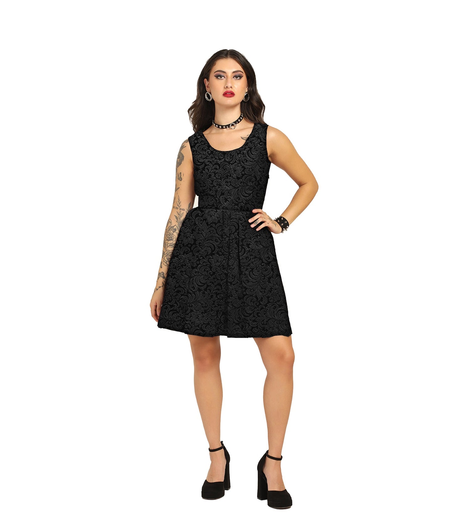Purple Brocade Charm - Trendy Pleated Brocade Dress Easto Garments