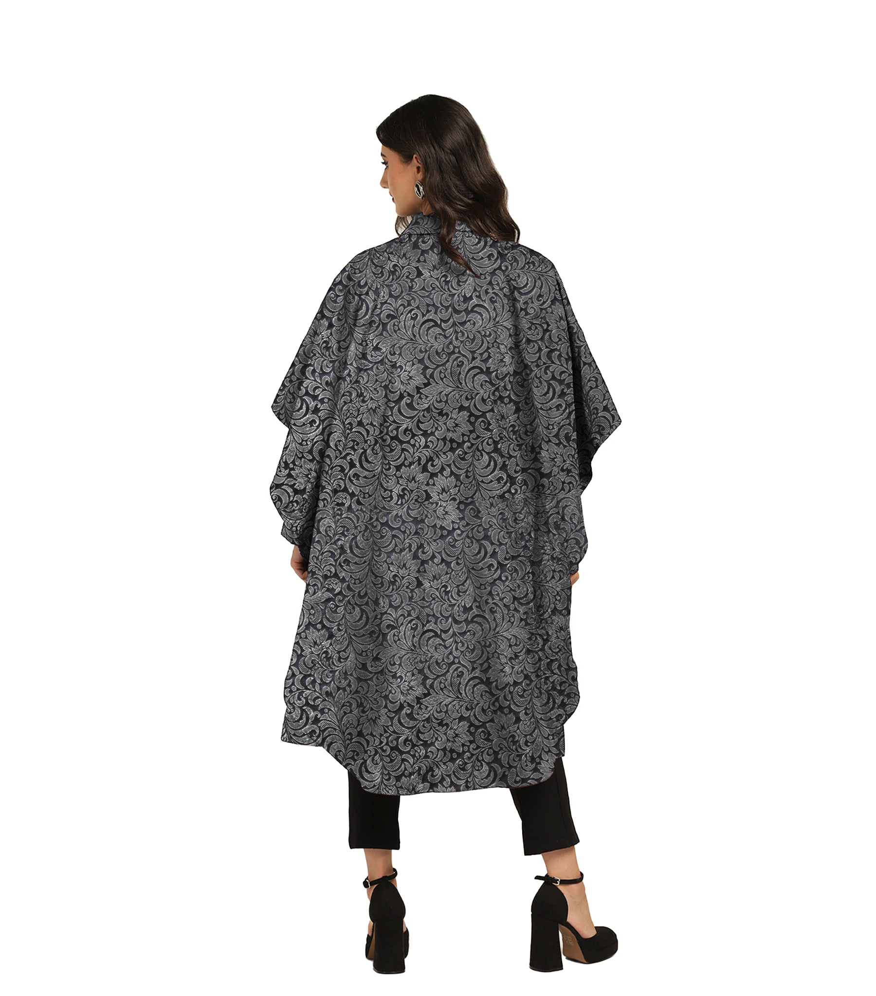 Vampire's Black Silver Brocade Cape with Red Satin Lining Easto Garments