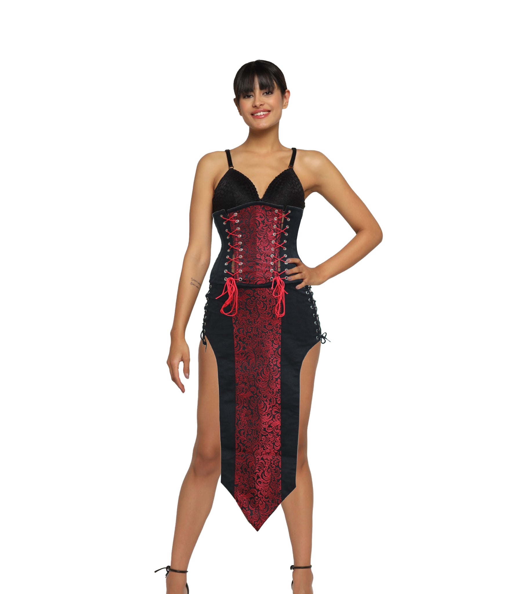 Red Brocade Black Suede Waist Reducing Underbust Corset Dress –  Wholesalenext