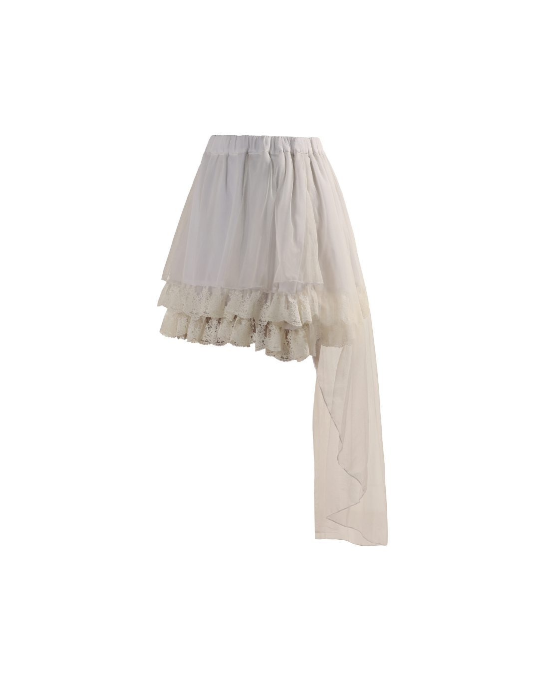 An asymmetrical off-white skirt featuring a tiered ruffle hem with lace trim and a long draped side panel, shown against a plain white background.
