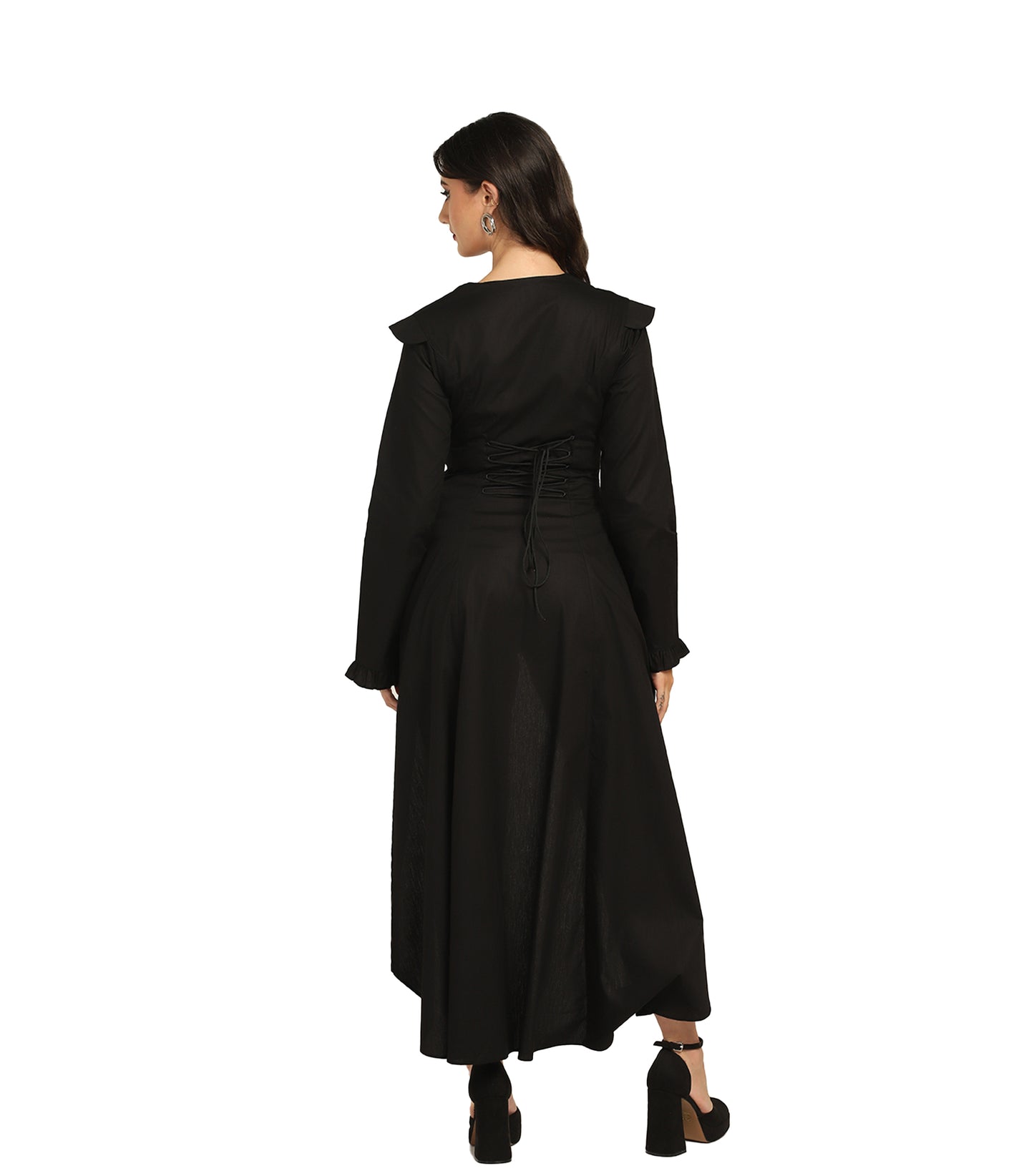 Black Cotton Asymmetrical Dress – Adjustable Back Lacing