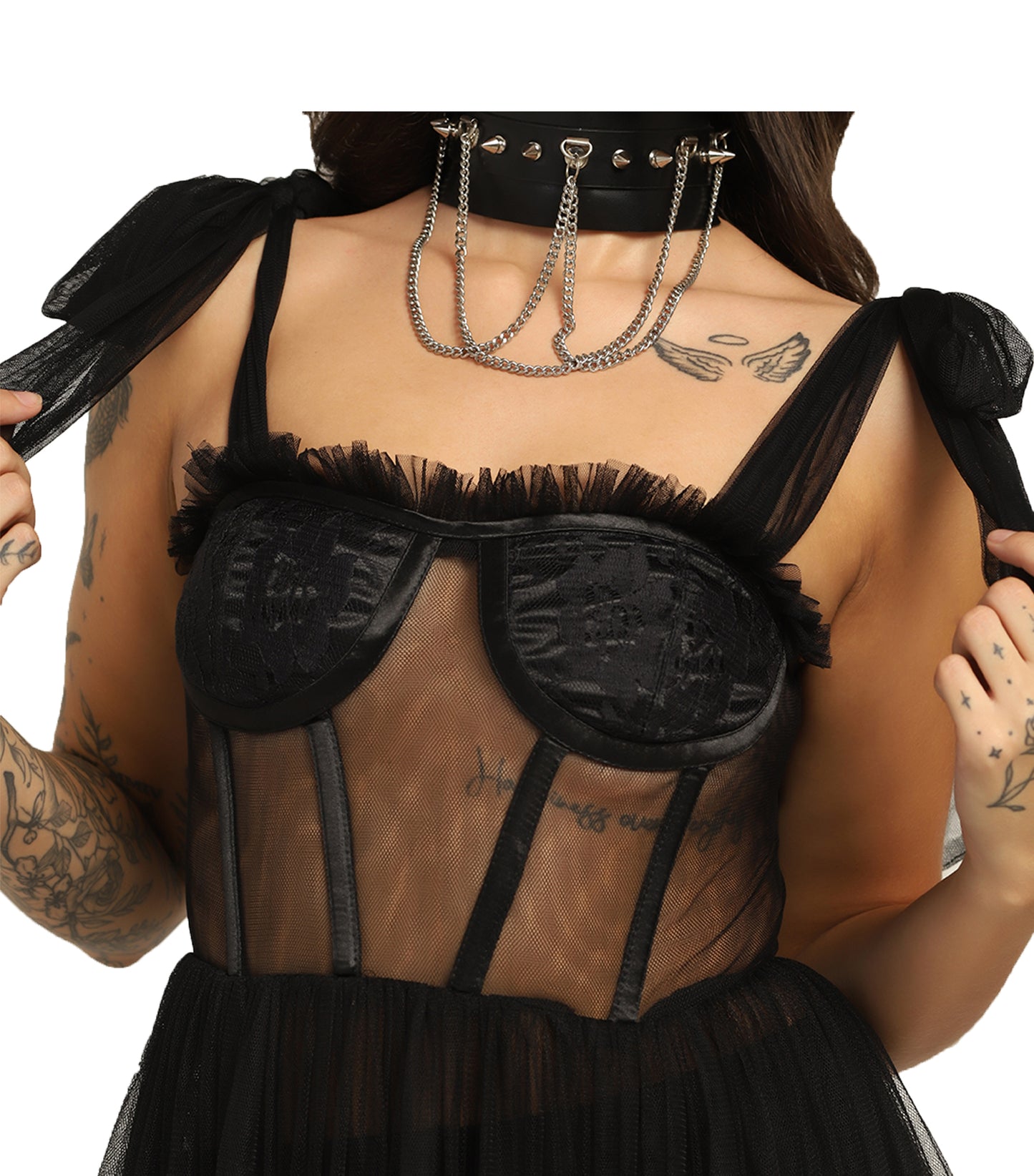 Sheer Black Mesh Gown with Satin Lace and Boning