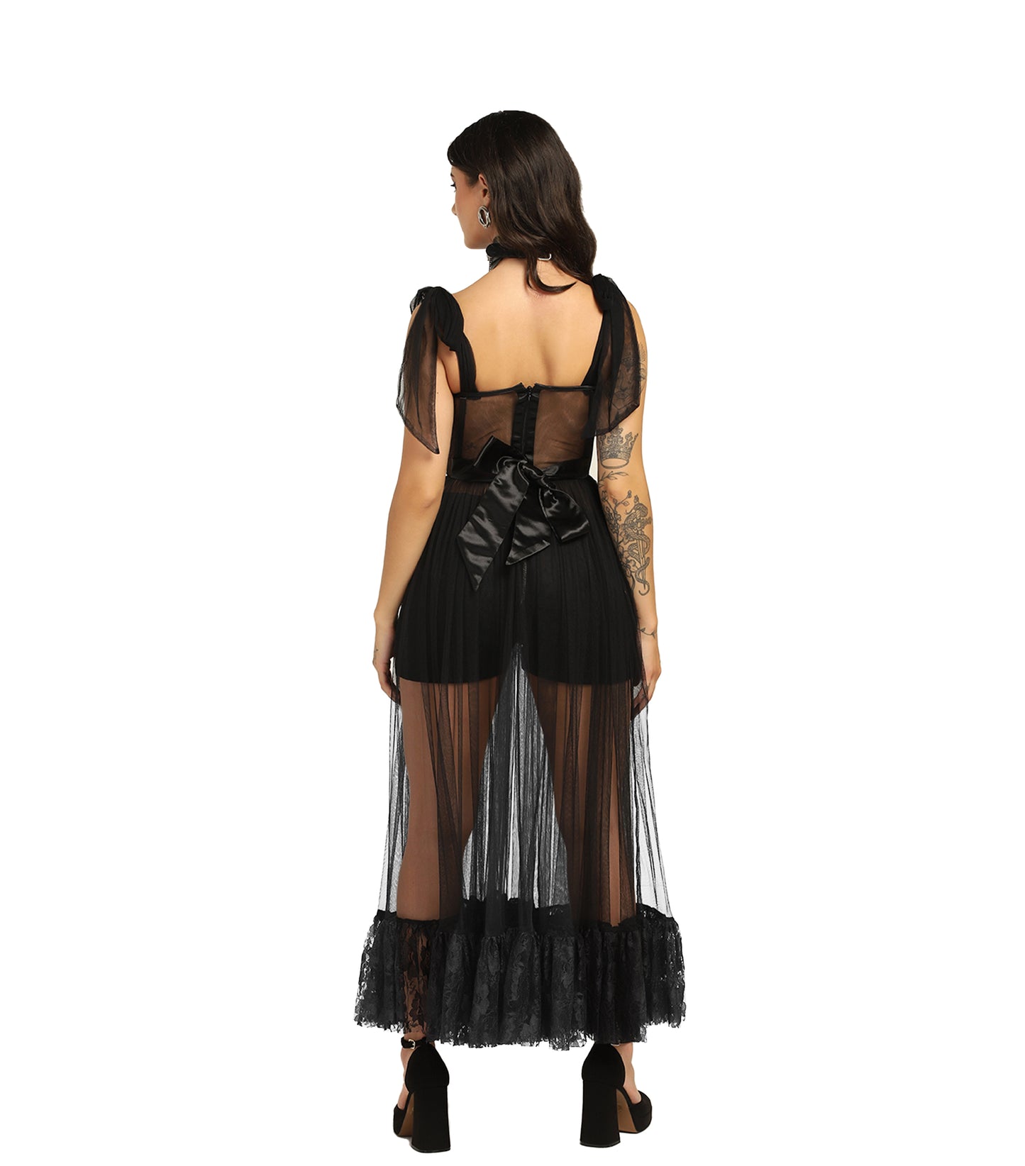 Sheer Black Mesh Gown with Satin Lace and Boning