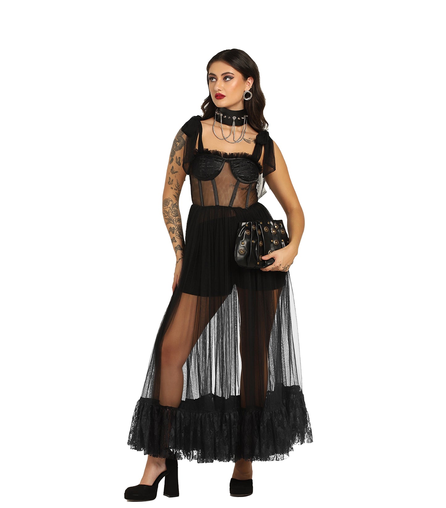 Sheer Black Mesh Gown with Satin Lace and Boning