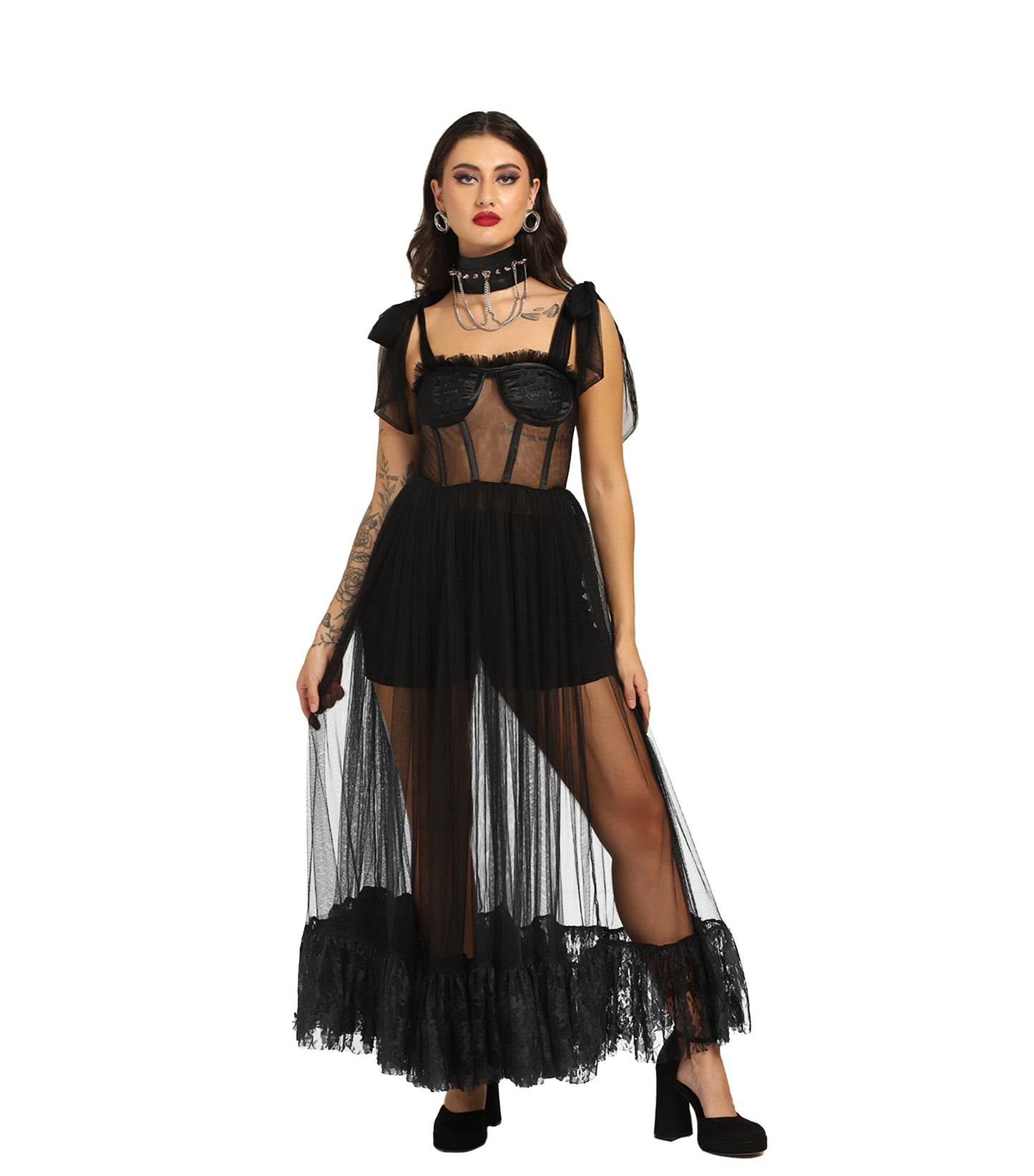 Sheer Black Mesh Gown with Satin Lace and Boning