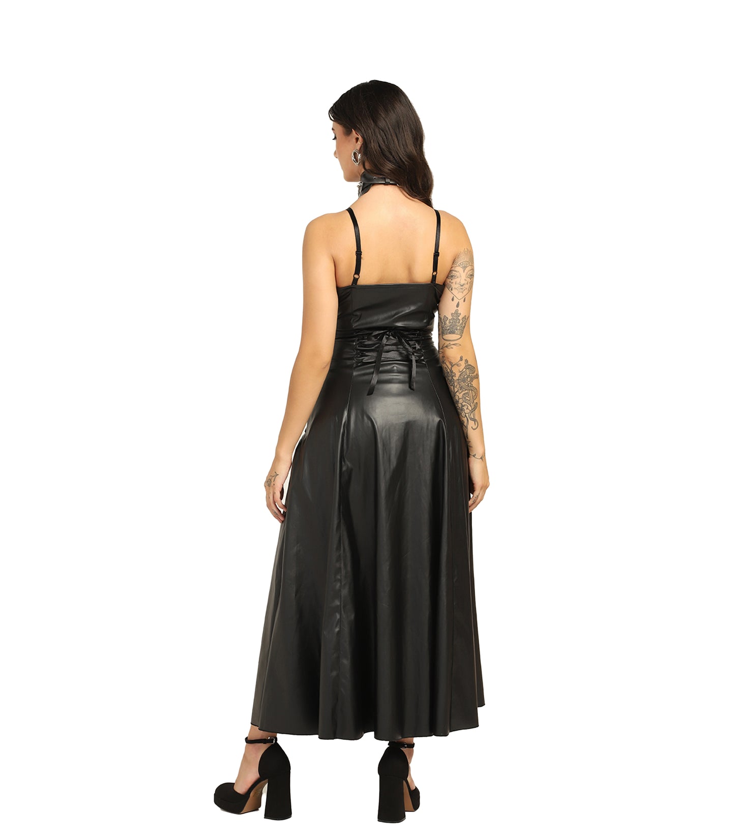 Black Faux Leather & Mesh Gothic Dress - Wholesale Fashion