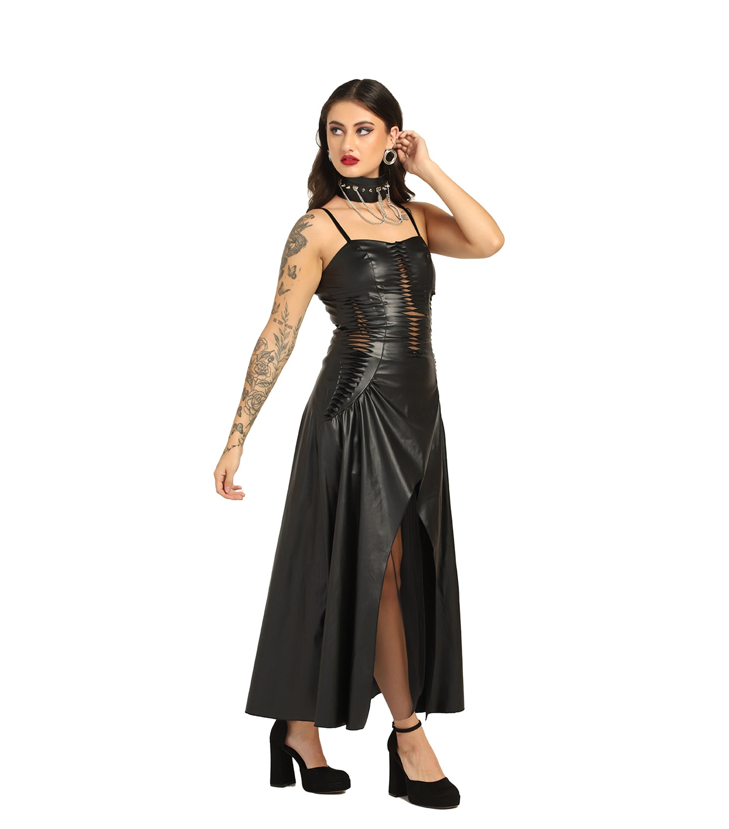 Black Faux Leather & Mesh Gothic Dress - Wholesale Fashion