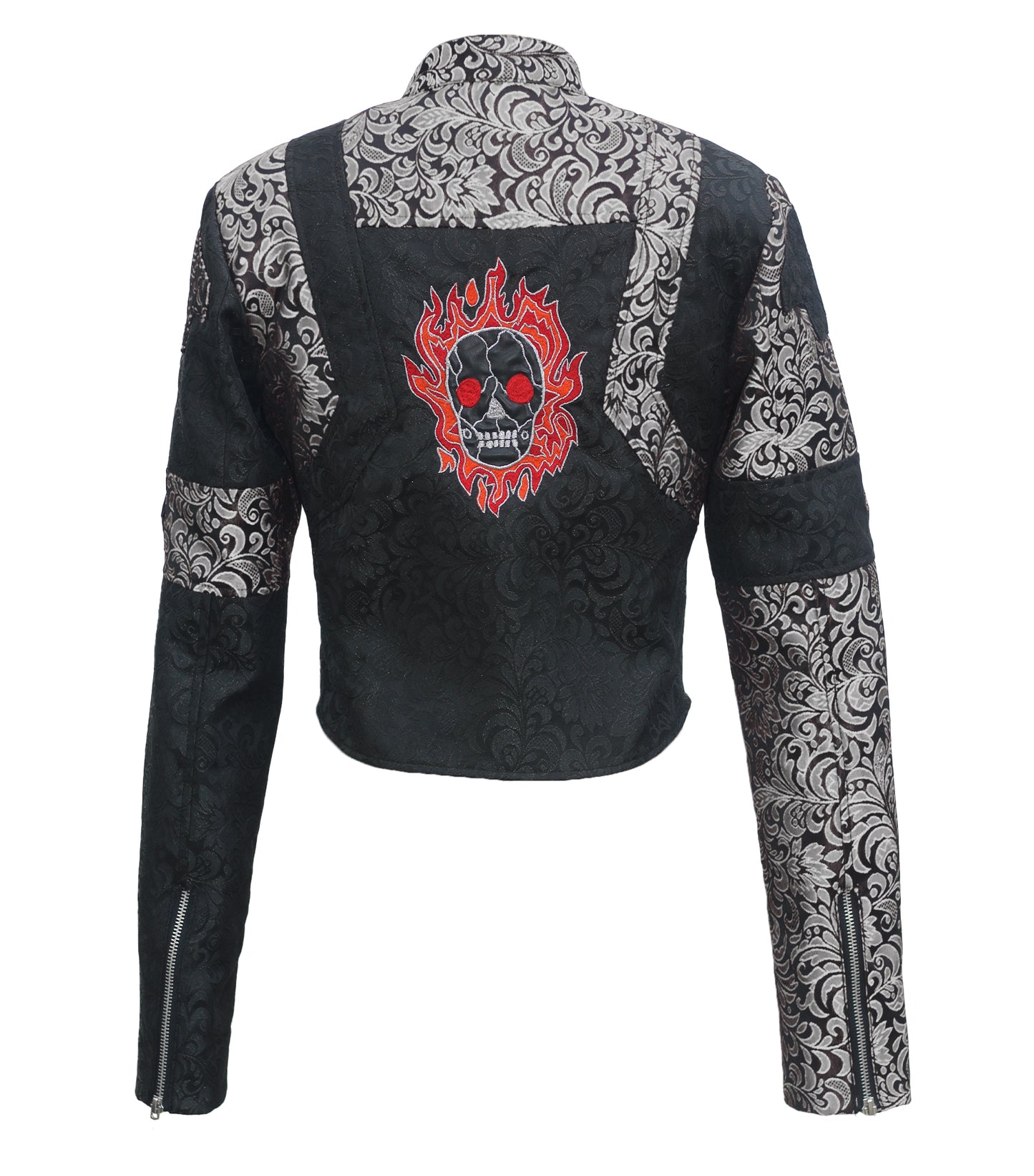 Skull  Embroidered Silver Black Brocade Ladies Jacket