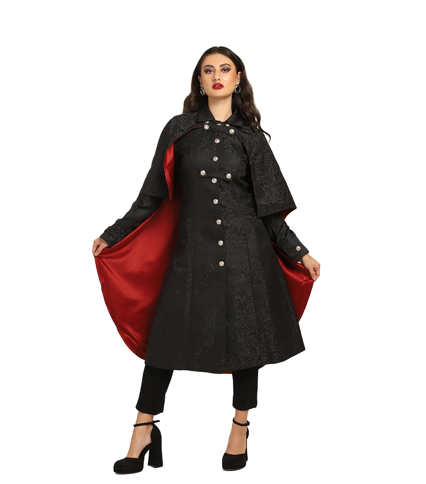 Vampire's Black Brocade Cape with Red Satin Lining Easto Garments