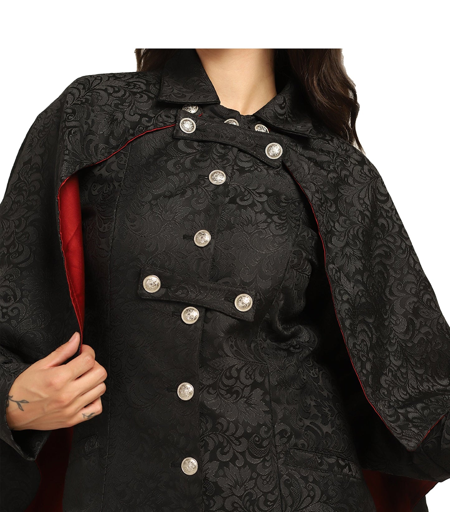 Vampire's Black Brocade Cape with Red Satin Lining Easto Garments