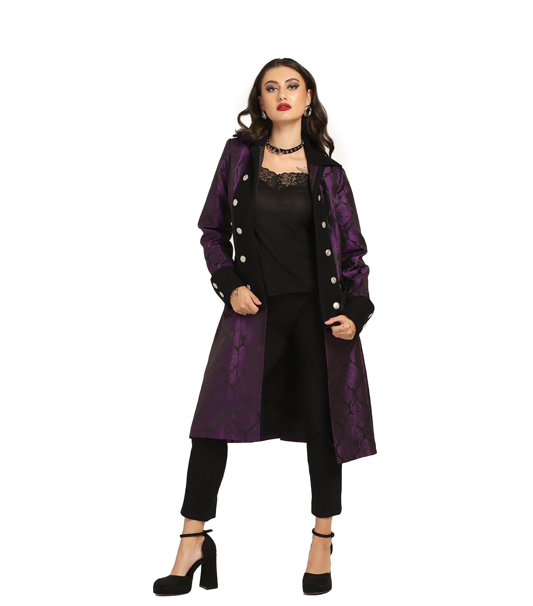 Steampunk Pirate Captain Long Coat – Black Purple Brocade