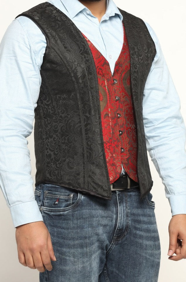 Black Brocade Waist Reducing Overbust Men's Corset