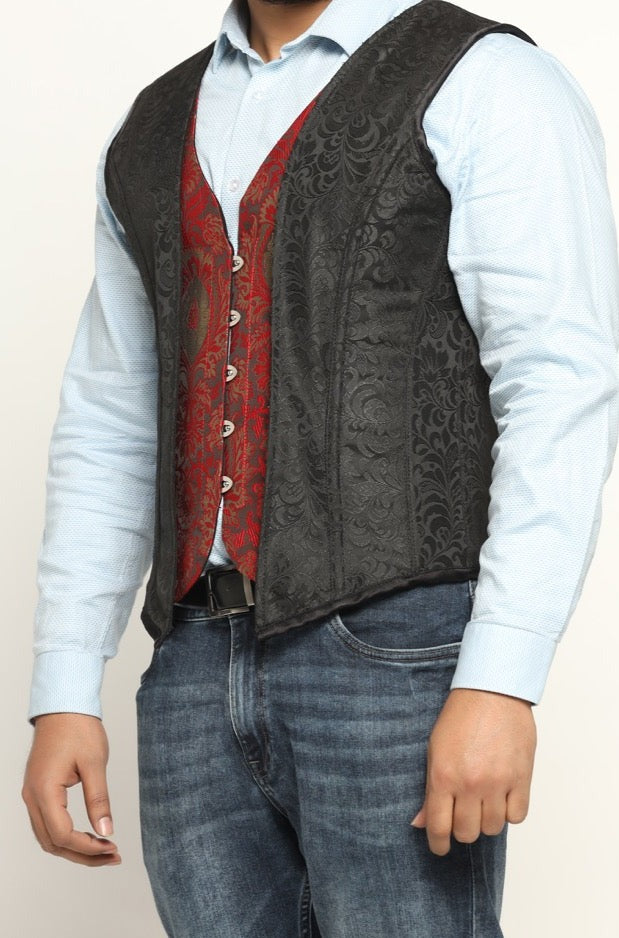 Black Brocade Waist Reducing Overbust Men's Corset