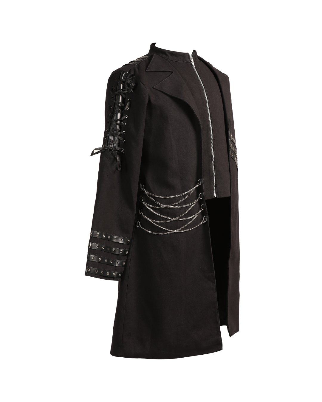 A black gothic-style long coat with silver chain details, lace-up sleeves, and a front zipper, shown against a plain white background.