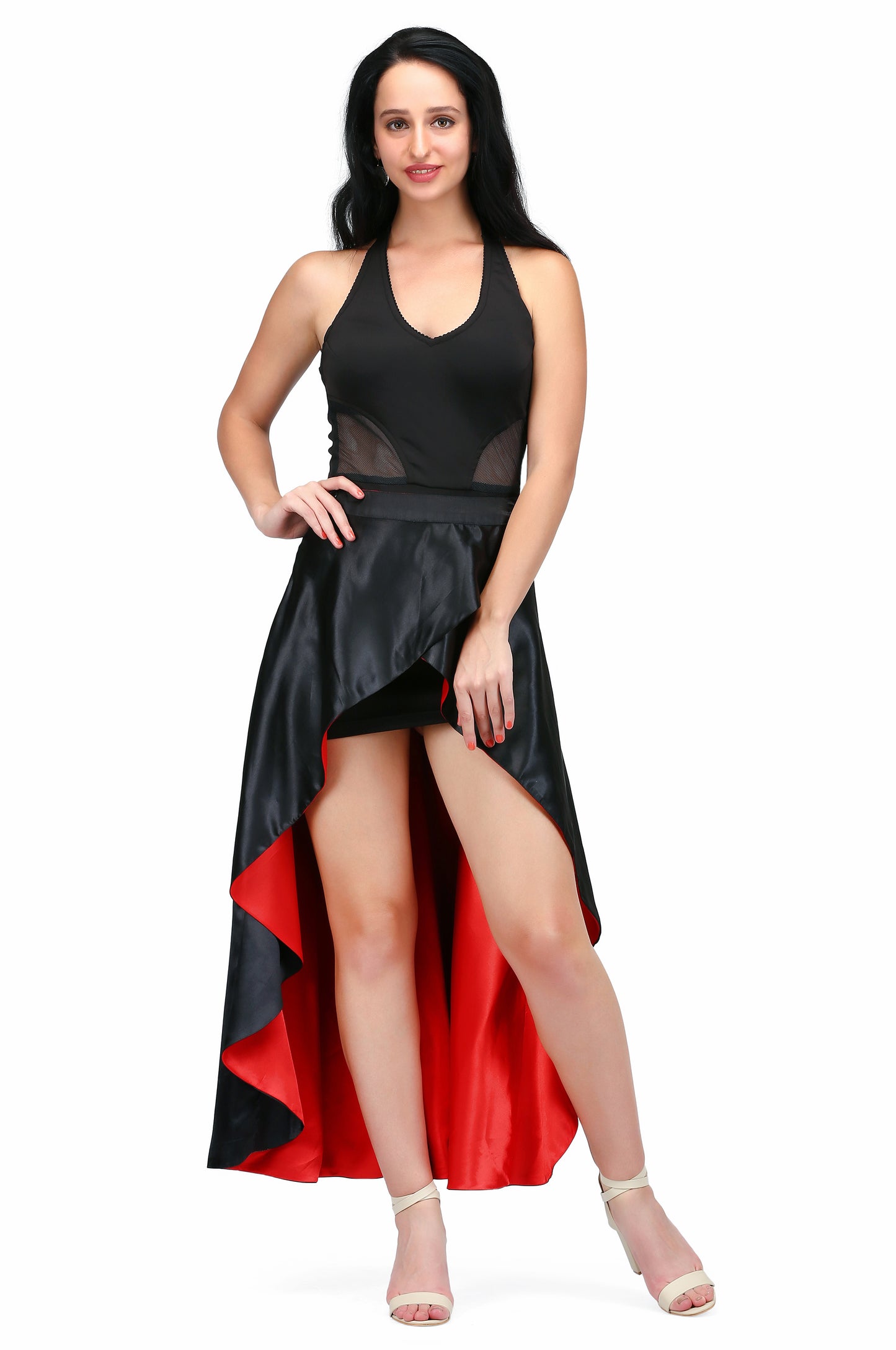 long reversible and overlaped skirt in red and black fabric combined with the black fitted dress