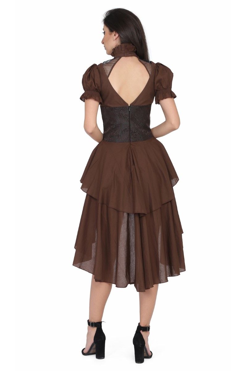 Brown cotton with Brocade high low Ladies Steampunk dress Easto Garments