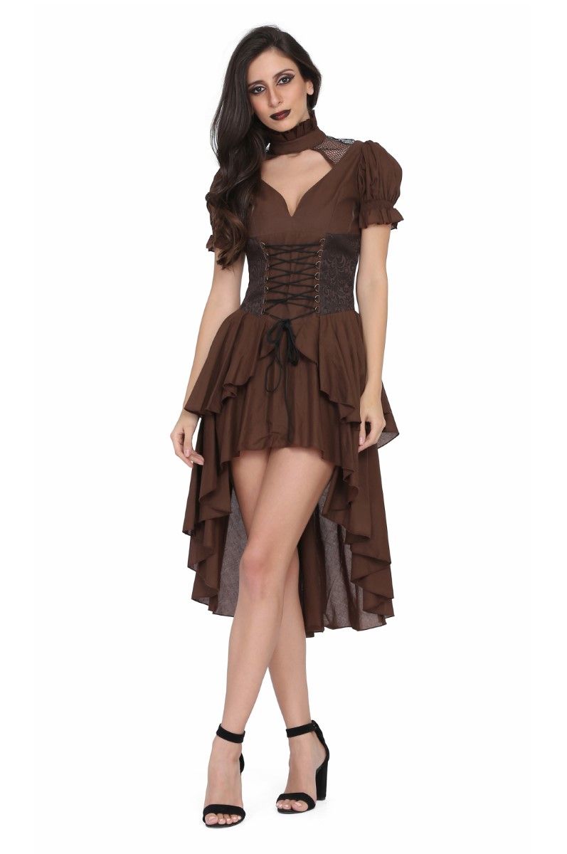 Brown cotton with Brocade high low Ladies Steampunk dress Easto Garments