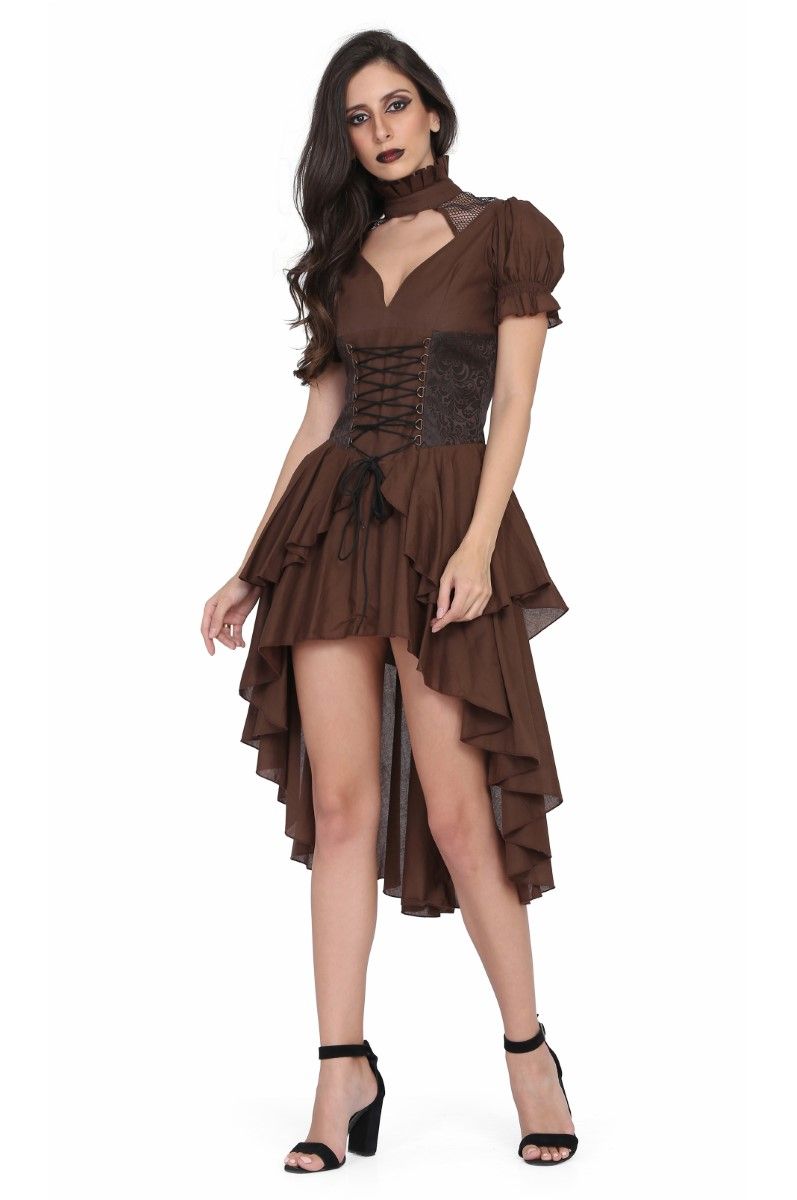 Brown cotton with Brocade high low Ladies Steampunk dress Easto Garments