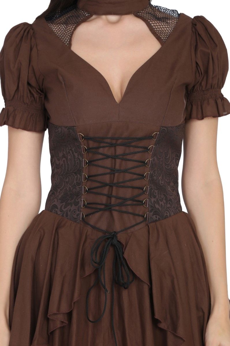 Brown cotton with Brocade high low Ladies Steampunk dress Easto Garments