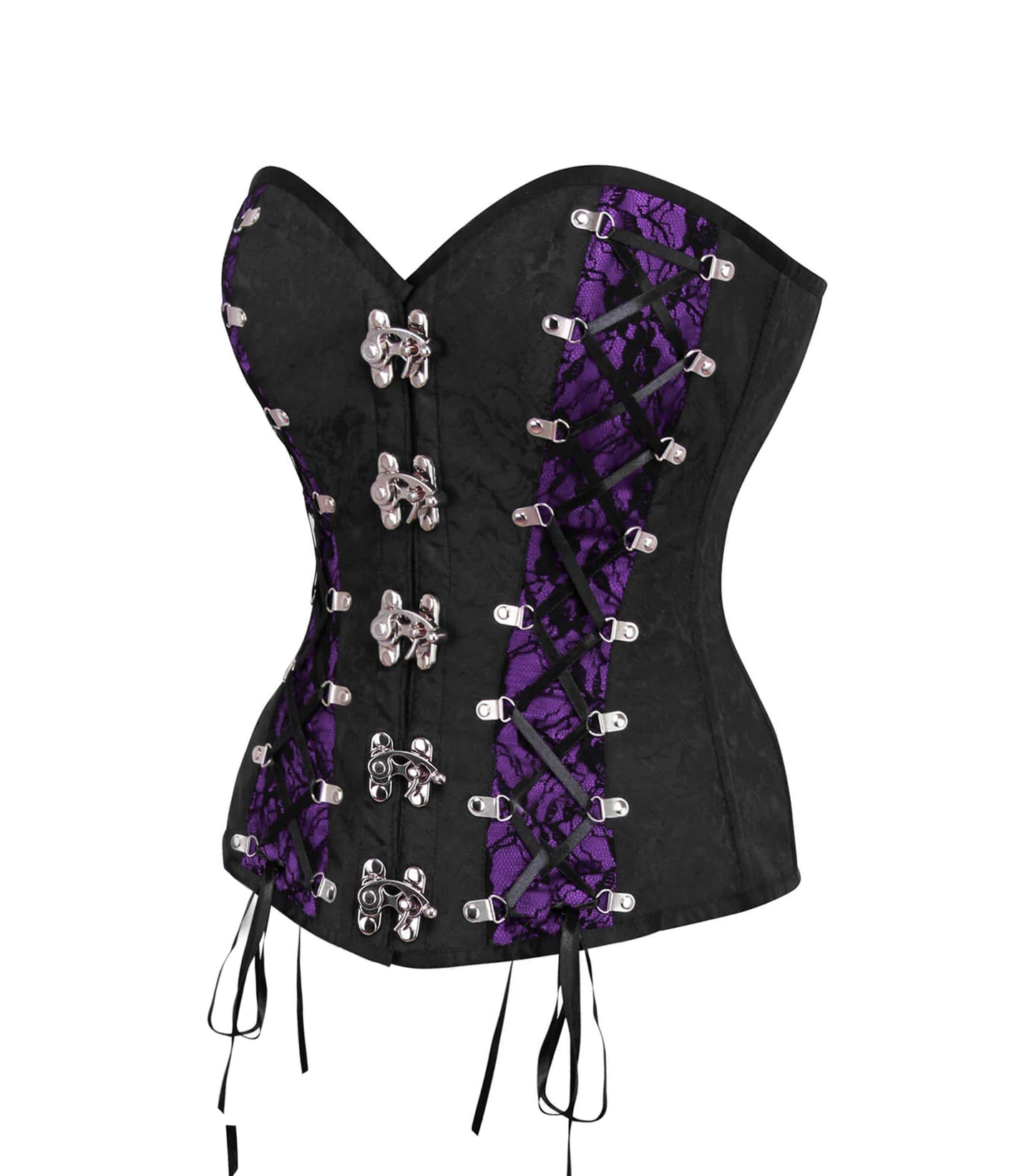 Black Brocade & Voilet Satin Corset with Metal Hooks