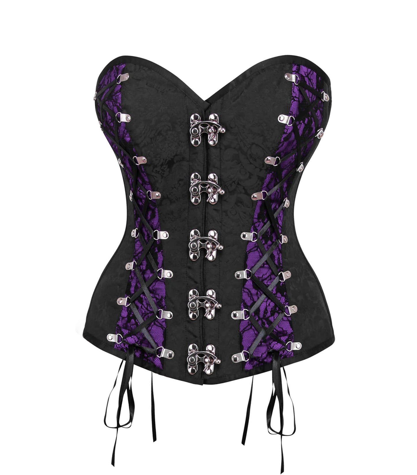 Black Brocade & Voilet Satin Corset with Metal Hooks