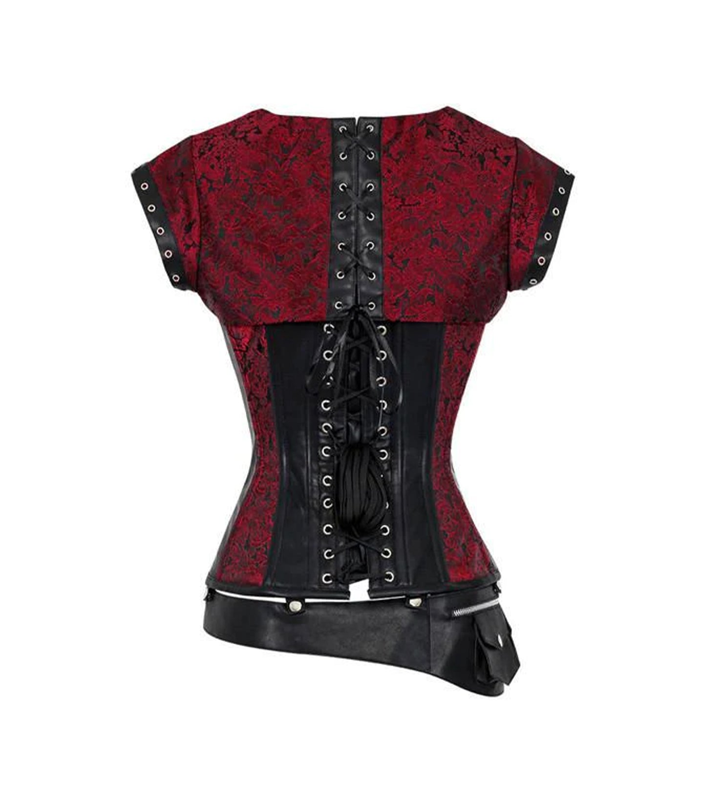 Red Brocade & Black Faux Leather Gothic Overbust Corset