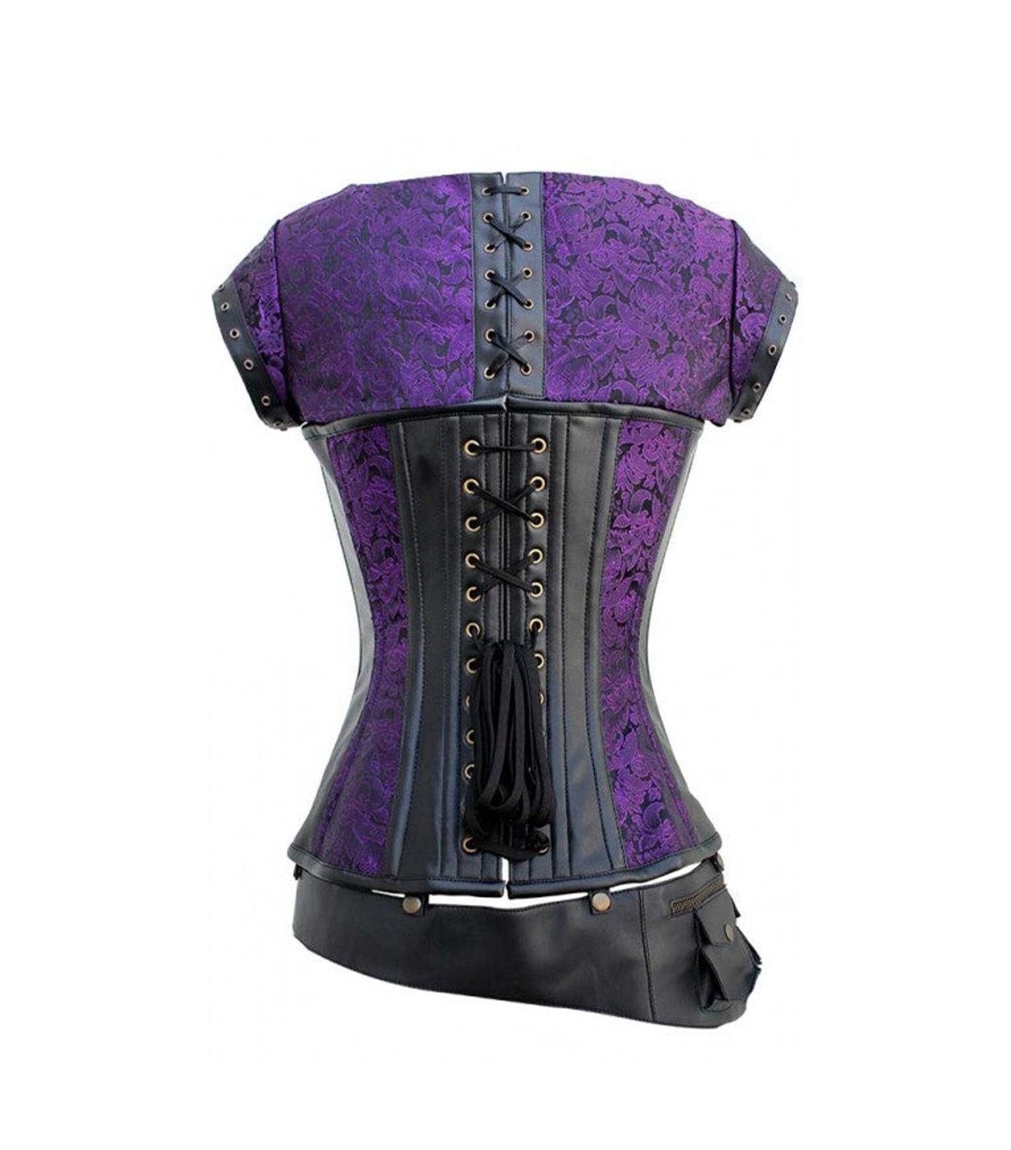 Purple Brocade & Black Faux Leather Gothic Overbust Corset
