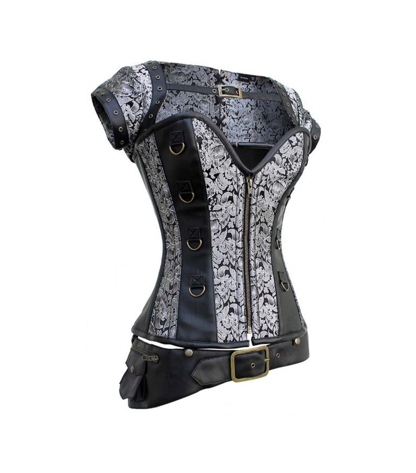 Silver Brocade & Black Faux Leather Gothic Overbust Corset